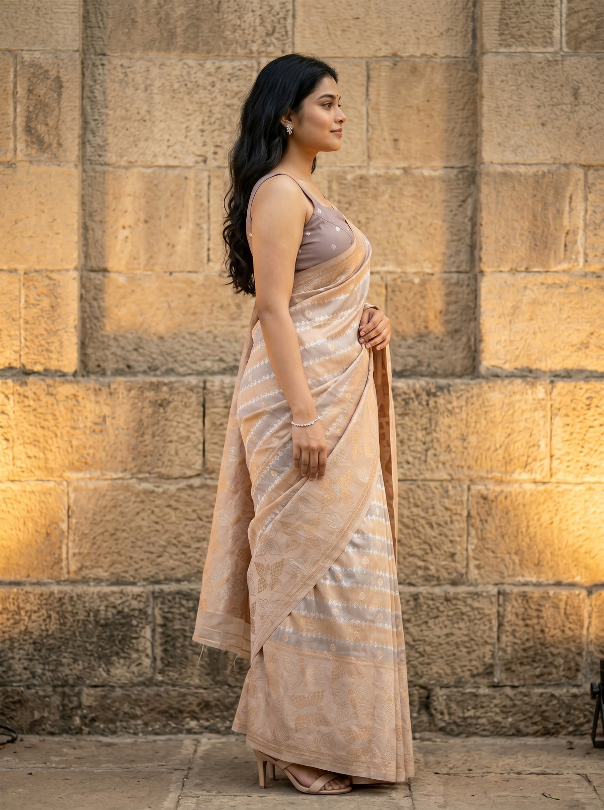 MIMOSA Violet Banarasi Art Silk Saree — close-up of model's torso and saree drape