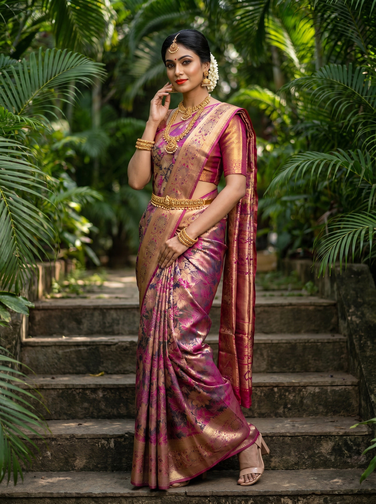 MIMOSA Magenta Kanjivaram Art Silk Saree β Styled on AI Model