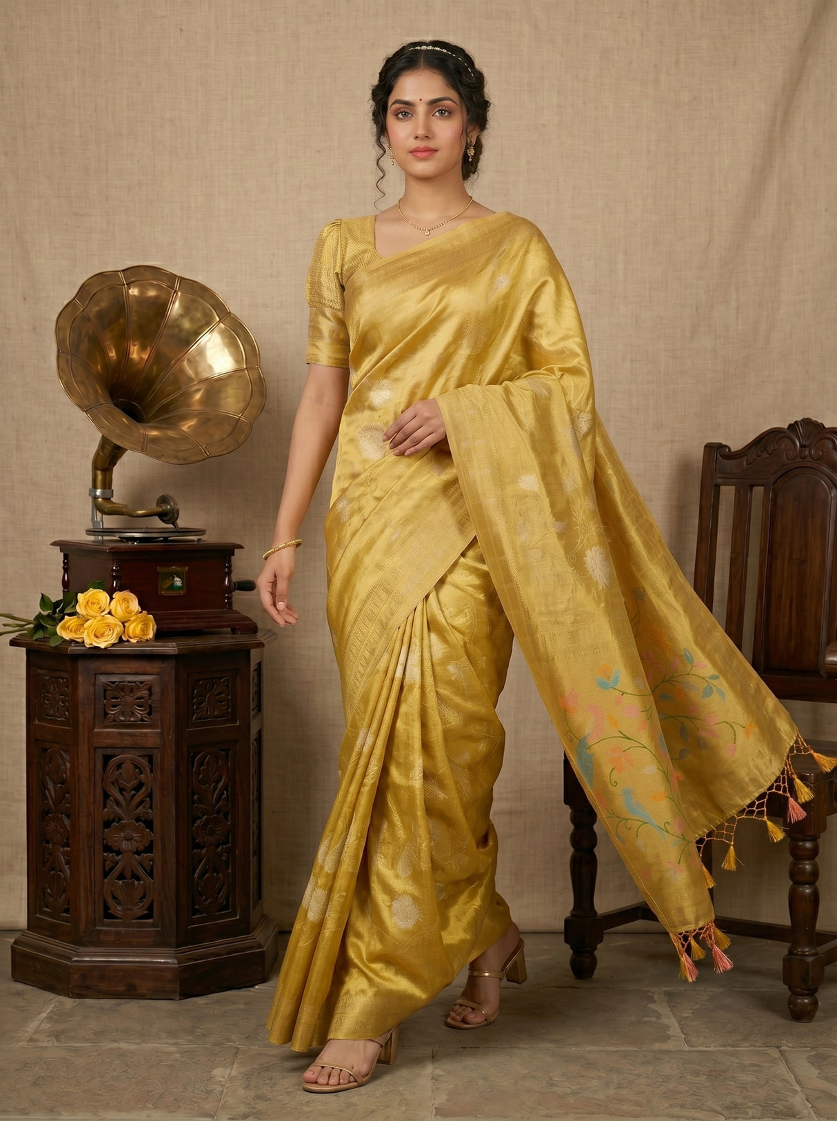 MIMOSA Gold Kanjivaram Art Silk Saree — pose 6 styling detail