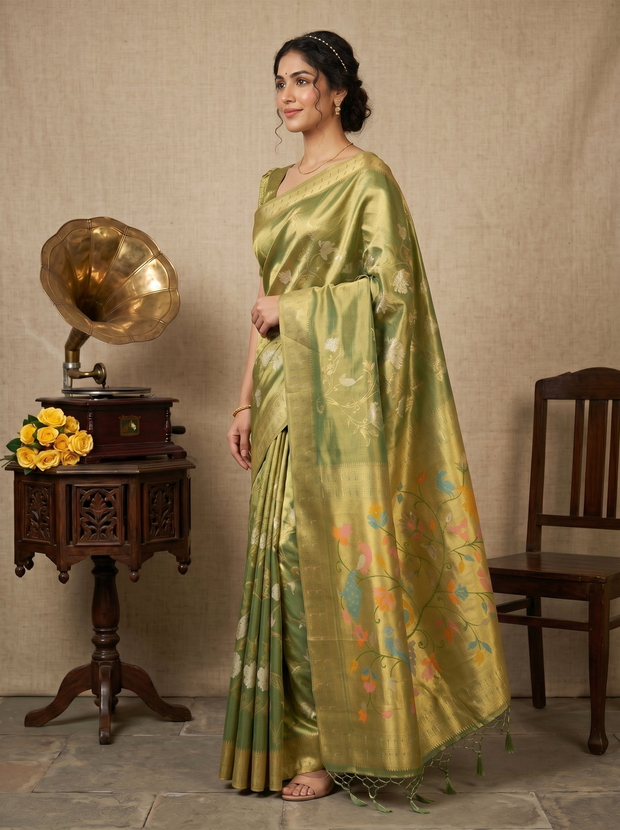 MIMOSA Green Kanjivaram Art Silk Saree — pose 3 styling detail