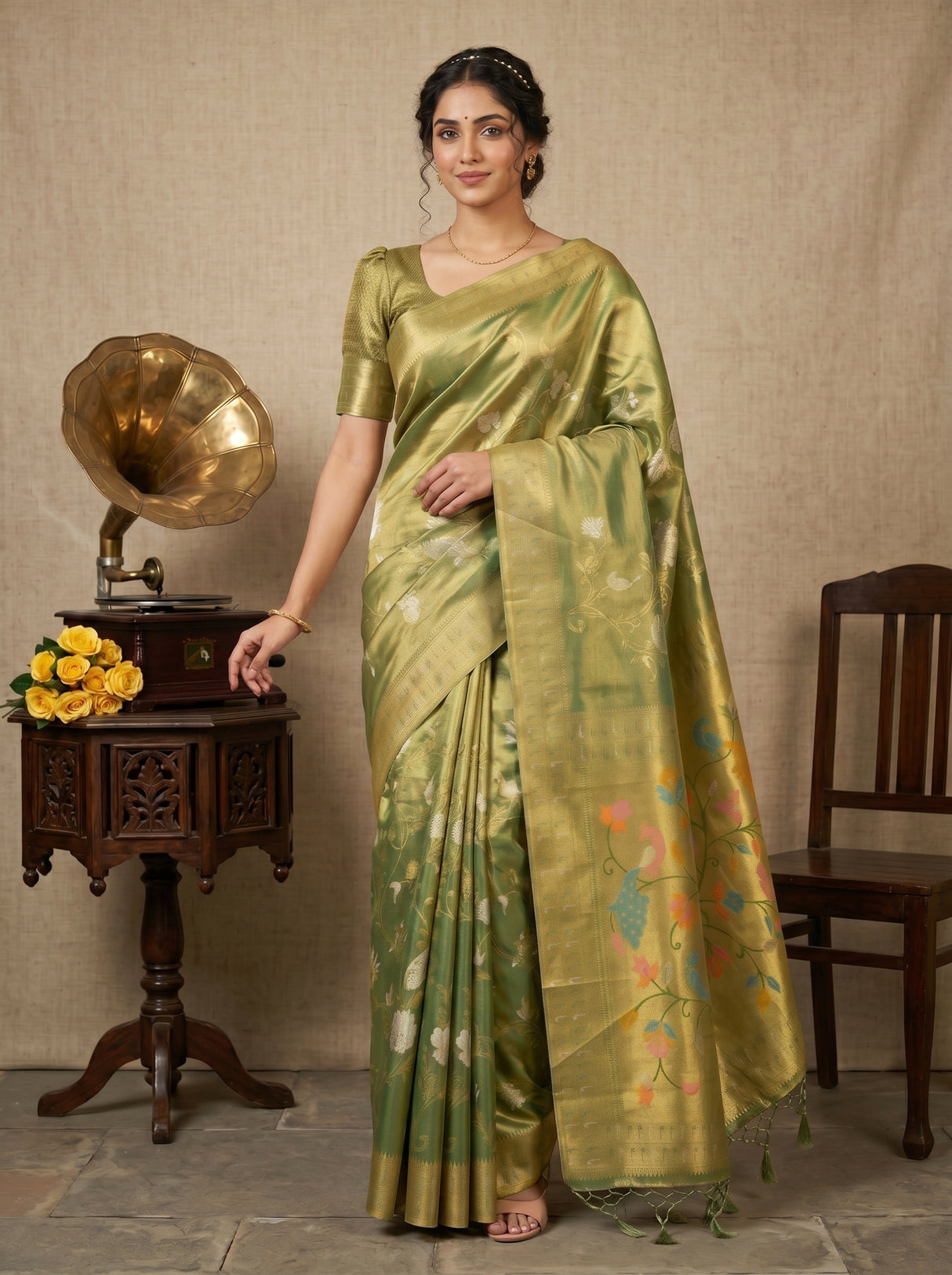 MIMOSA Green Kanjivaram Art Silk Saree — pose 5 styling detail