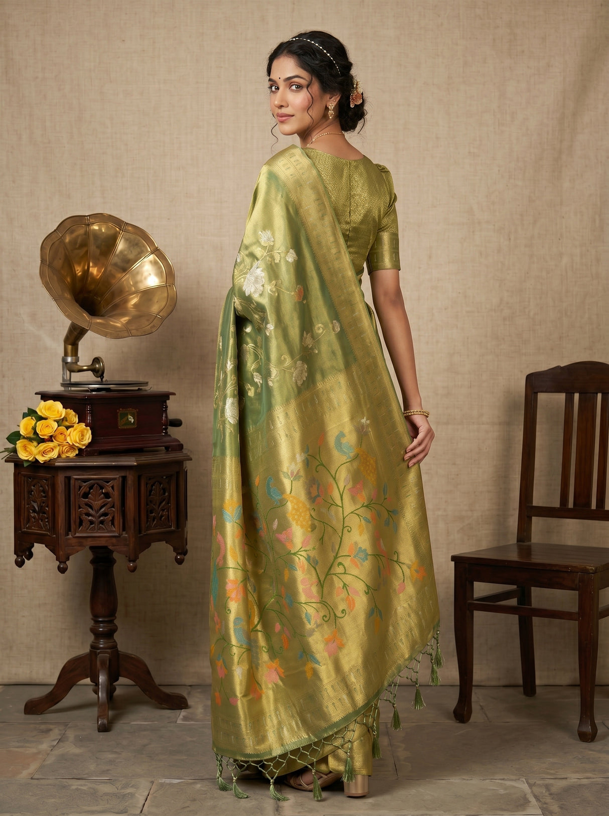 MIMOSA Green Kanjivaram Art Silk Saree — pose 9 styling detail