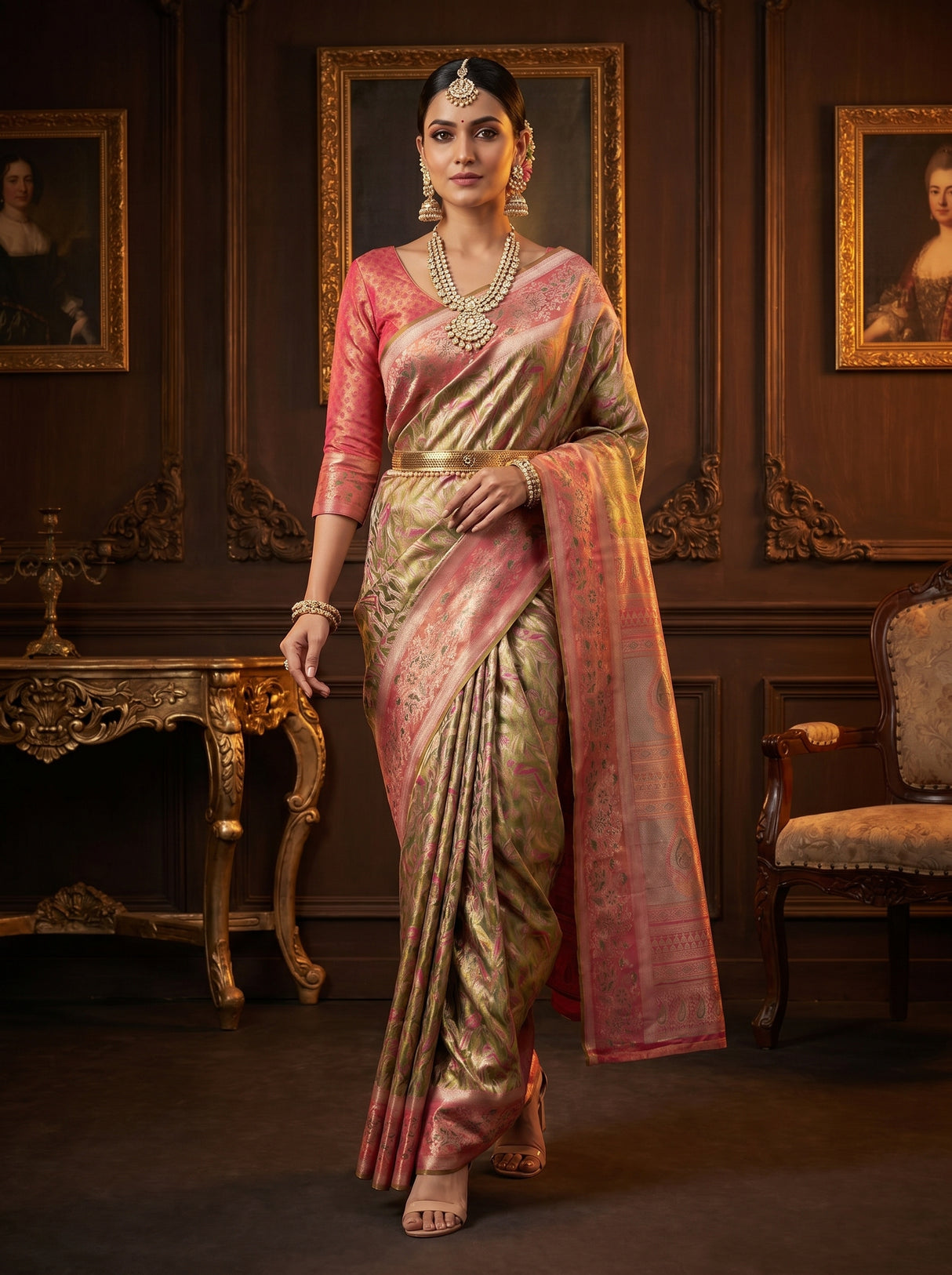 MIMOSA Olive Kanjivaram Art Silk Saree β pose 7 styling detail