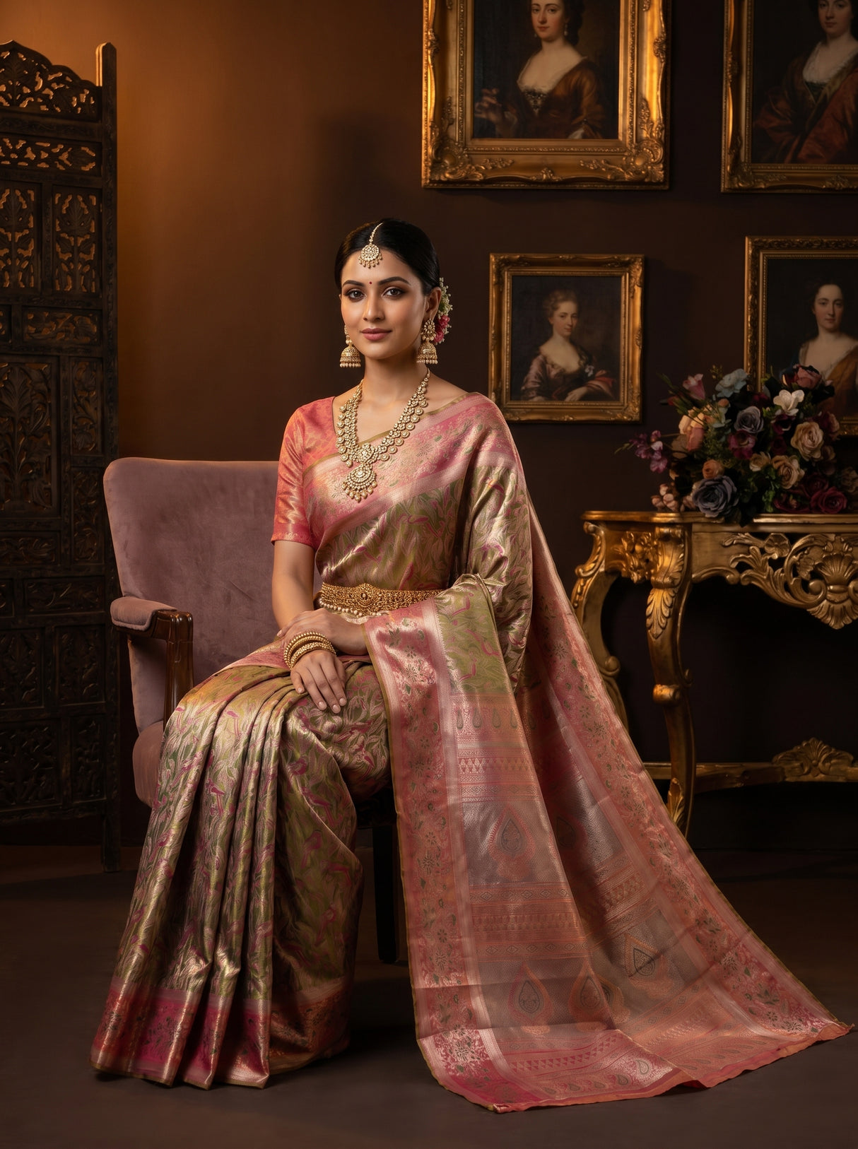 MIMOSA Olive Kanjivaram Art Silk Saree β pose 8 styling detail