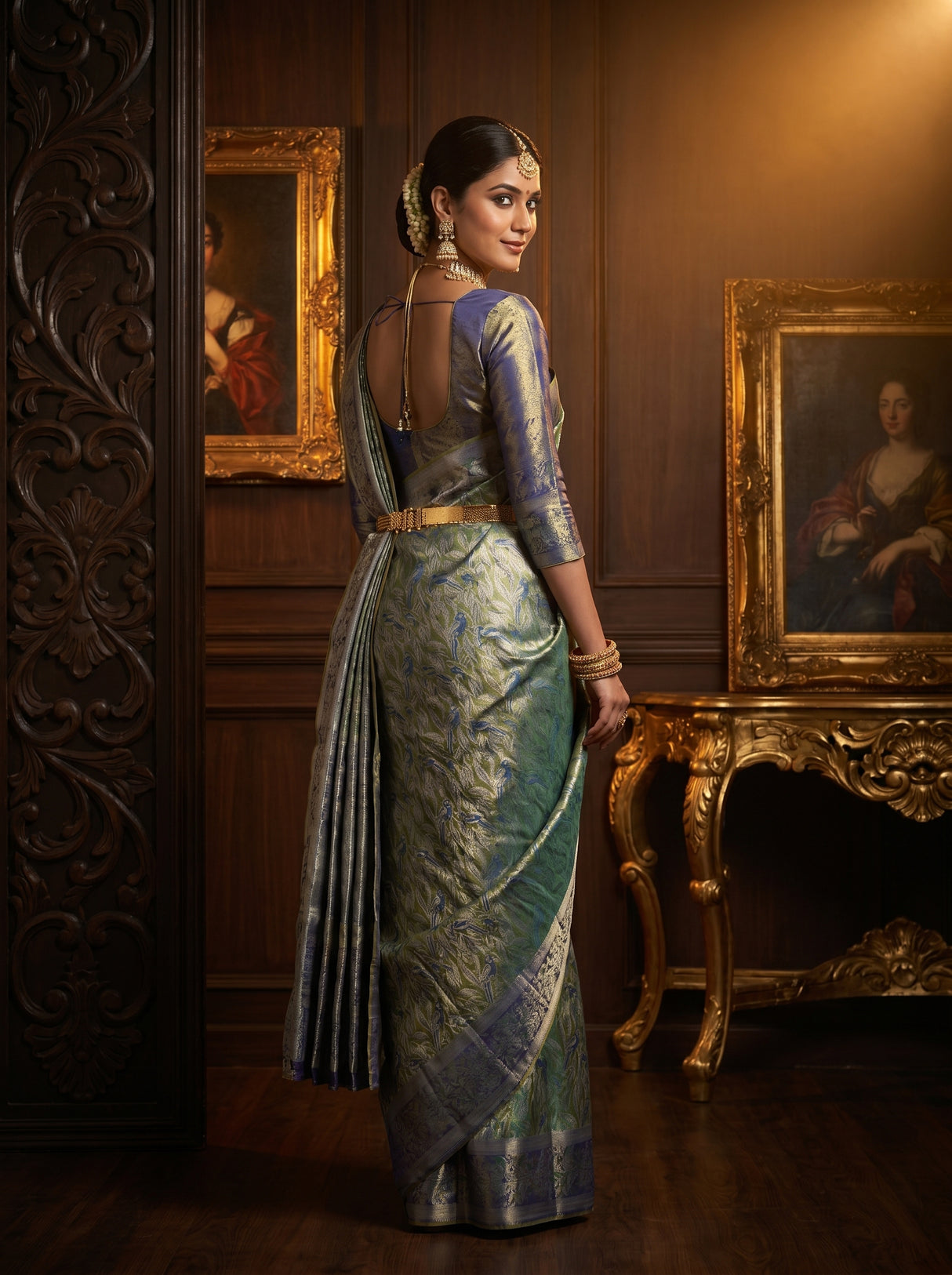 MIMOSA Royal Blue Kanjivaram Art Silk Saree β pose 9 styling detail