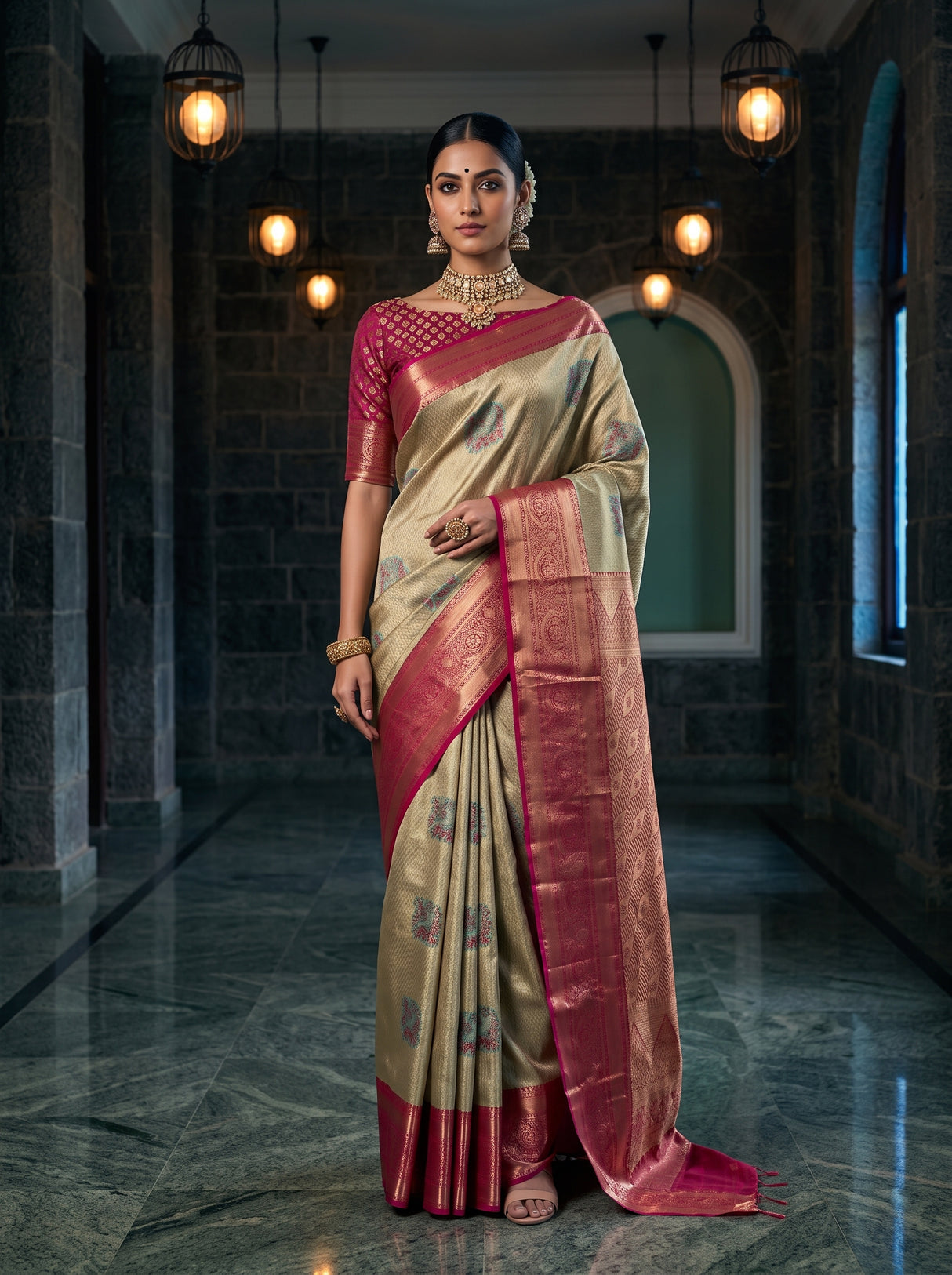 MIMOSA Pista Kanjivaram Art Silk Saree — full length model pose