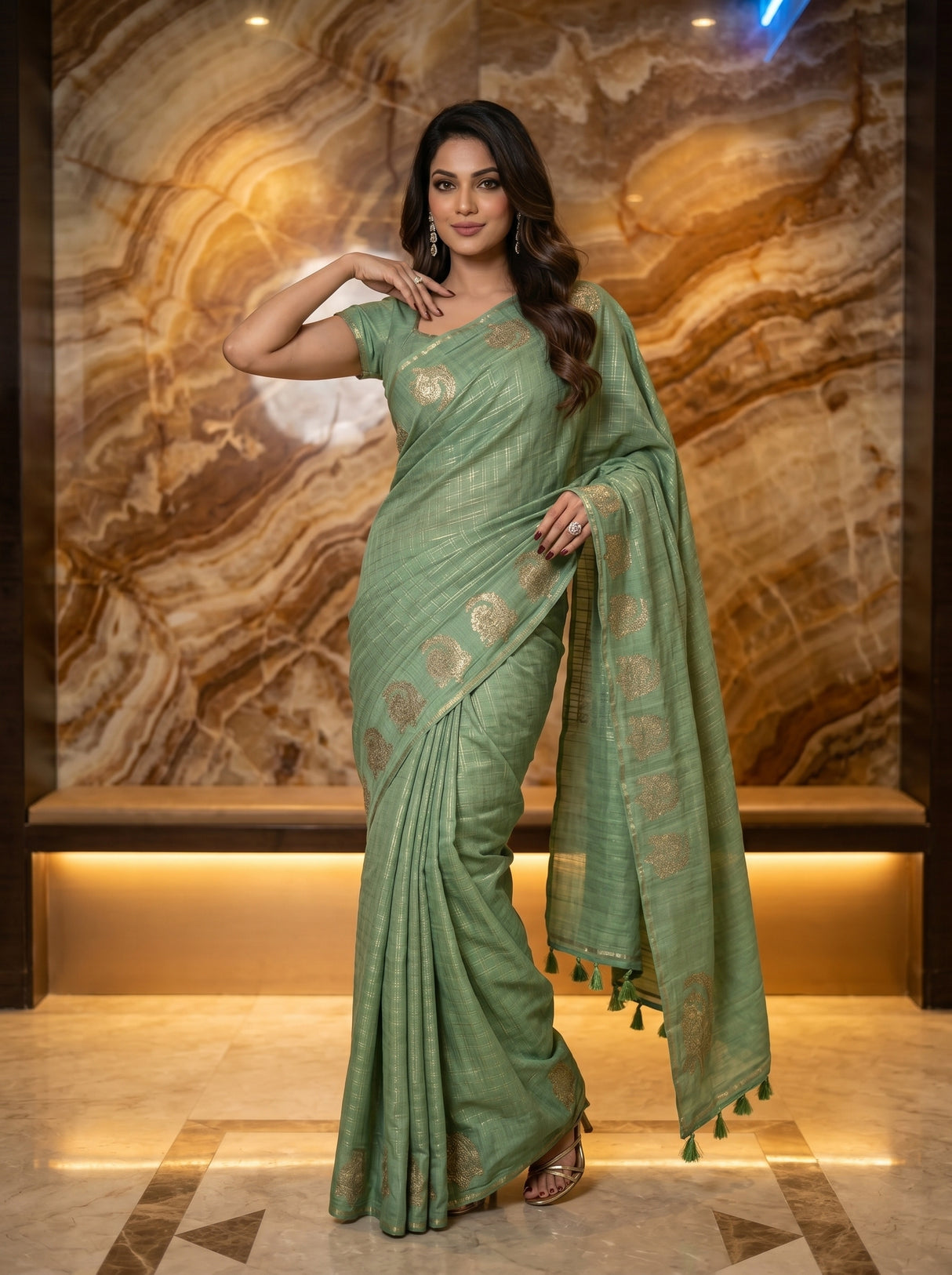 MIMOSA Pista Banarasi Art Silk Saree — pose 5 styling detail