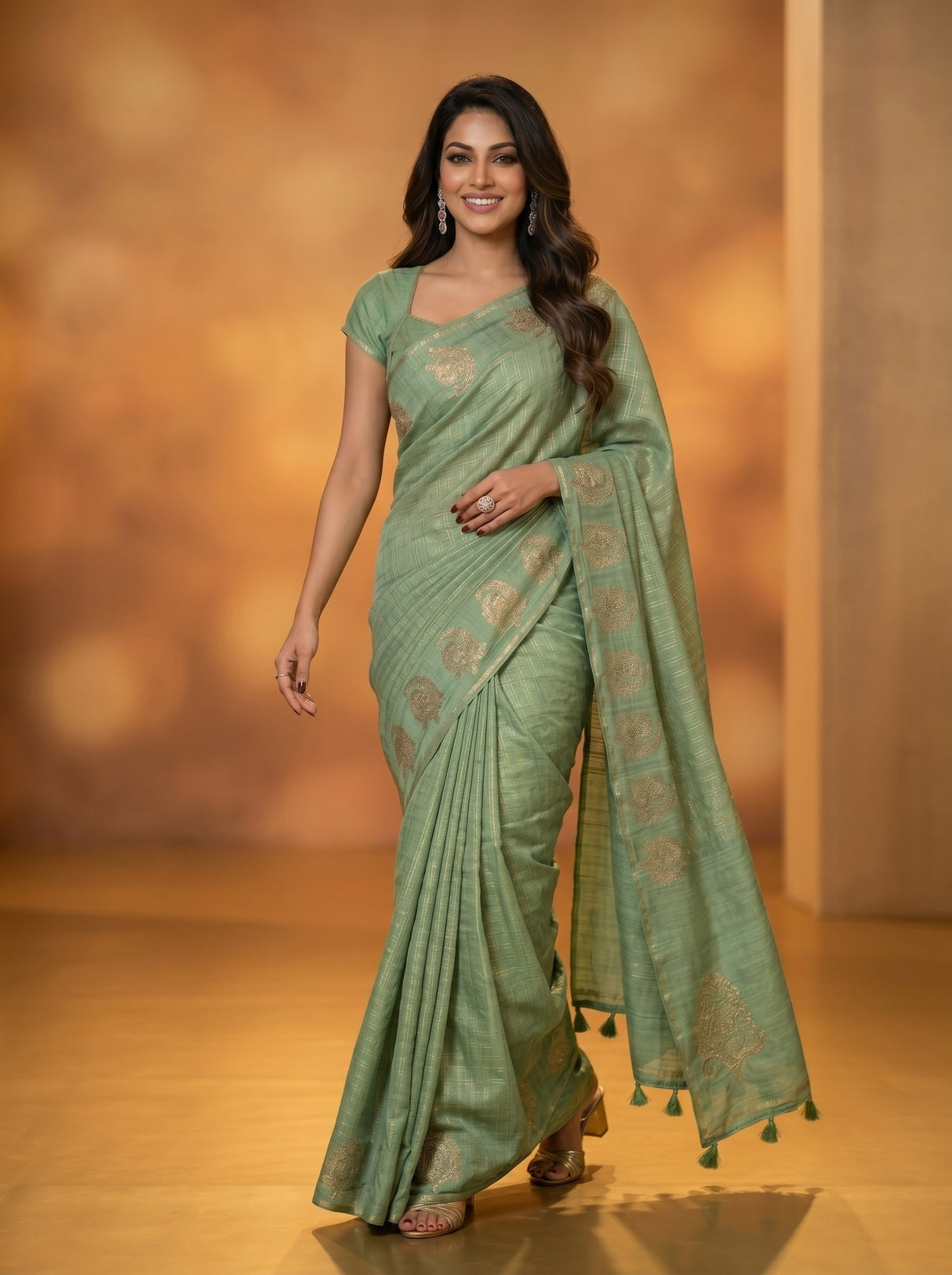 MIMOSA Pista Banarasi Art Silk Saree — pose 6 styling detail