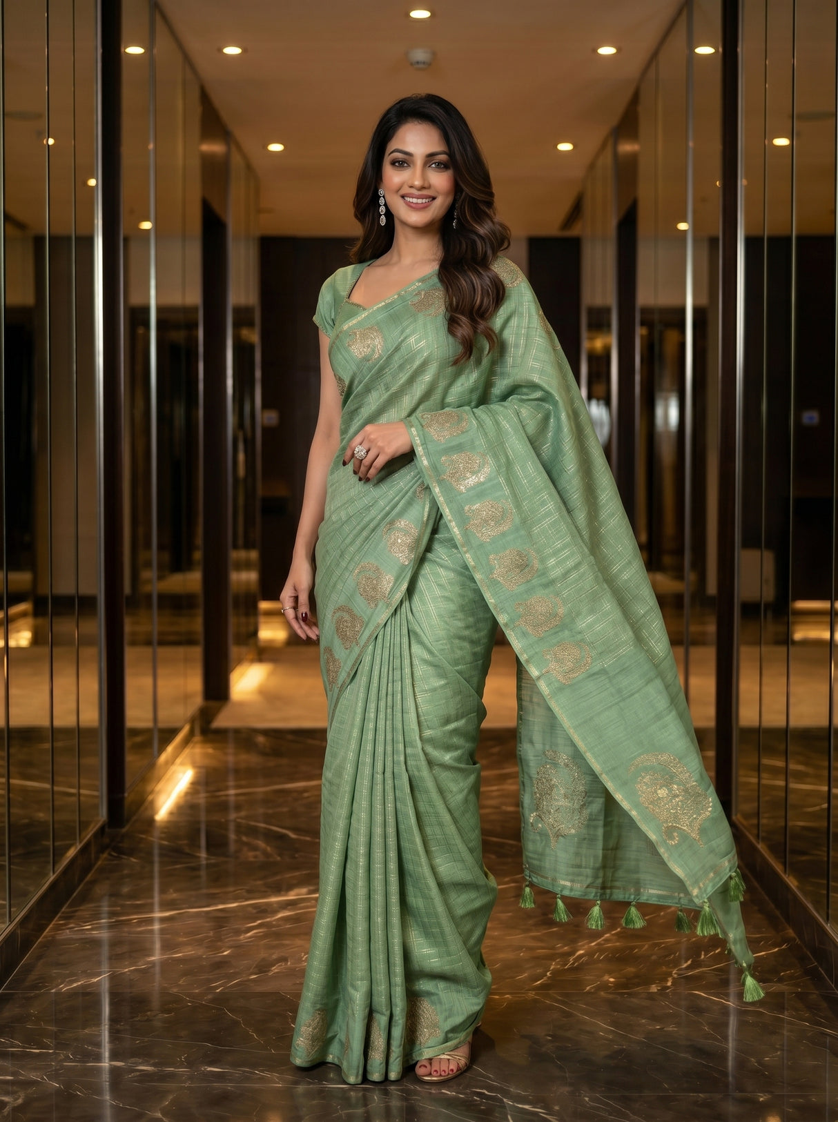 MIMOSA Pista Banarasi Art Silk Saree — pose 9 styling detail