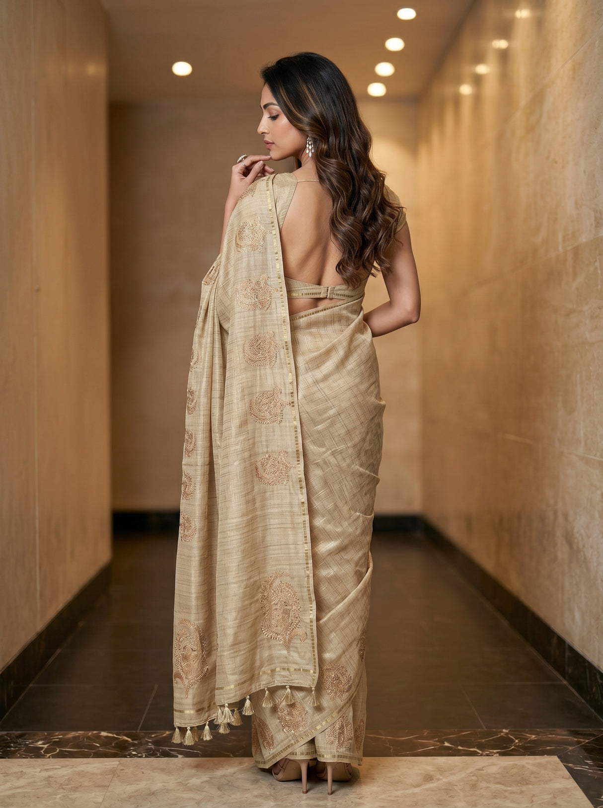MIMOSA Tussar Banarasi Art Silk Saree — pose 2 styling detail