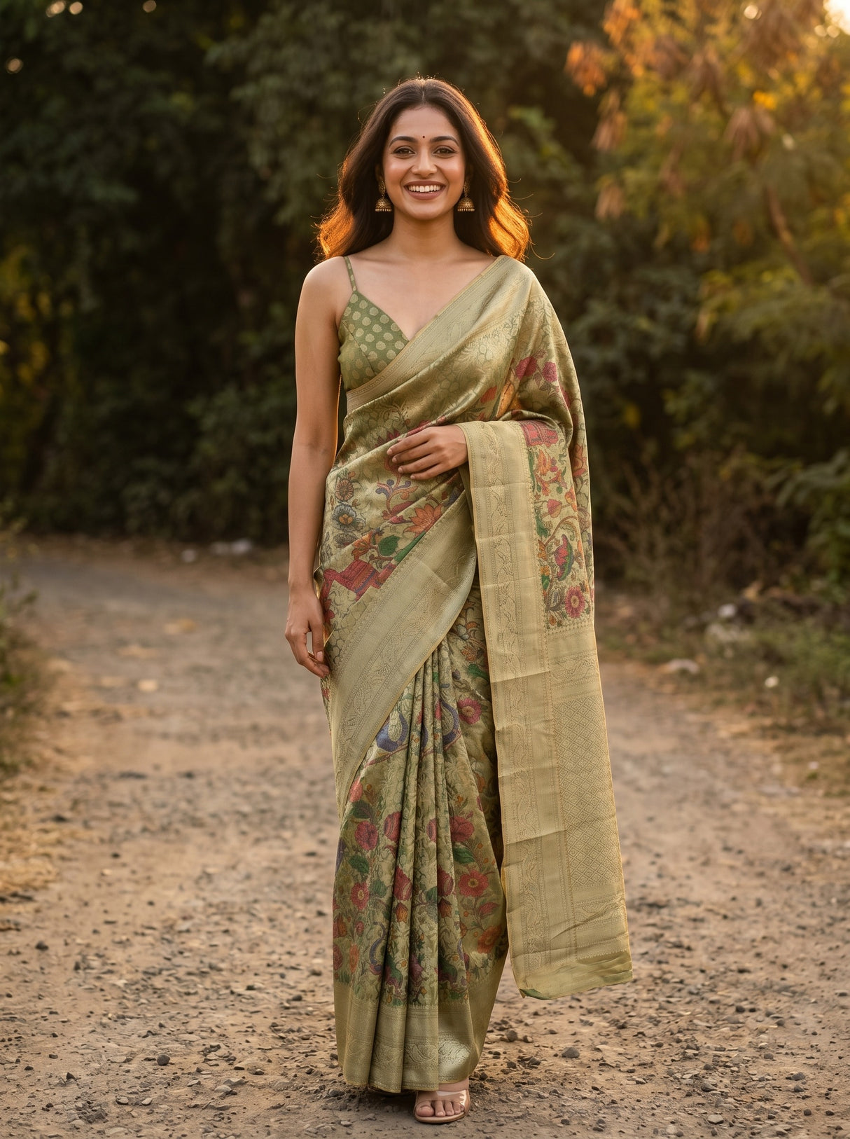 MIMOSA Green Kalamkari Art Silk Saree — Model wearing full saree