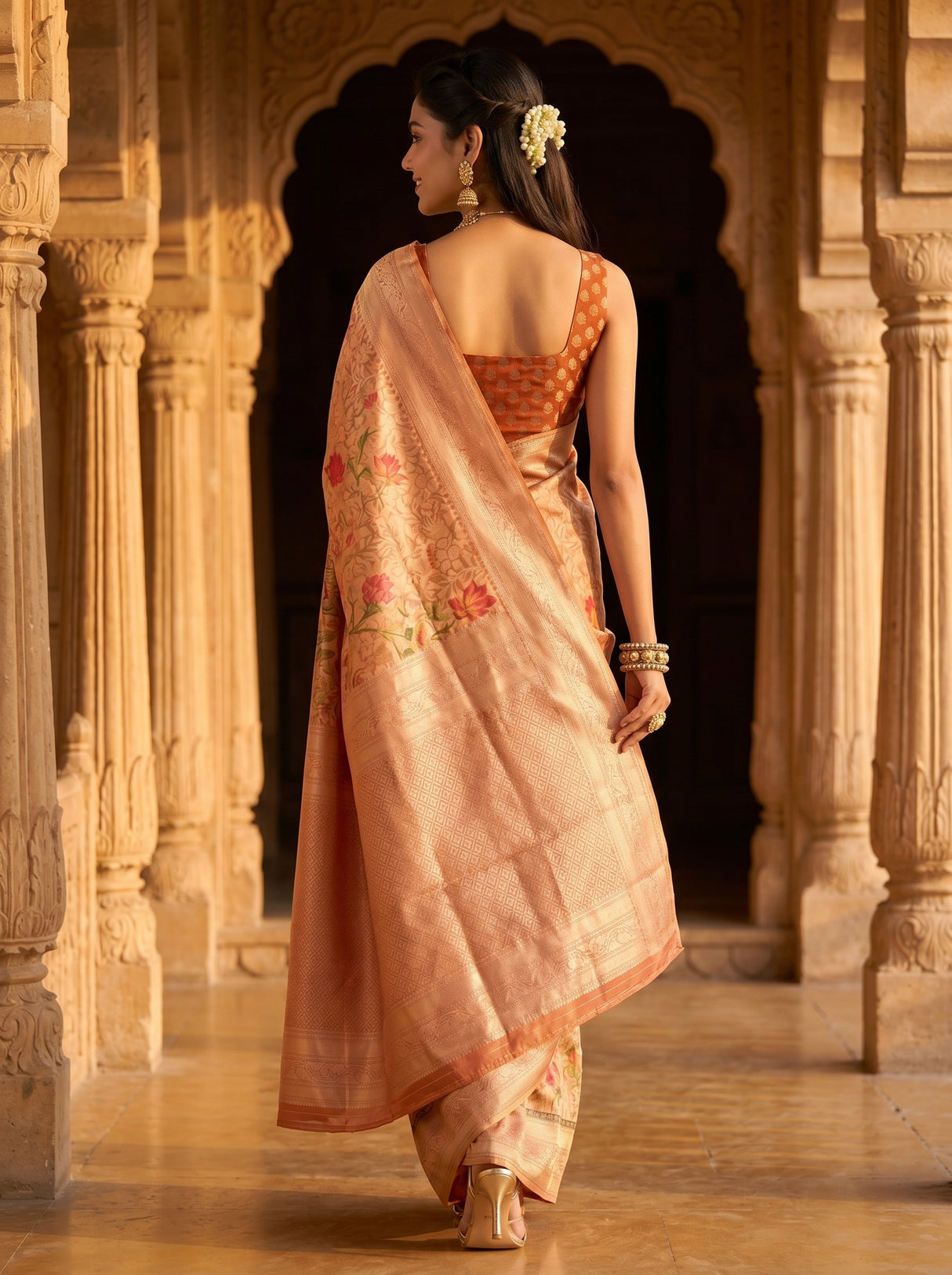MIMOSA Orange Saree Saree — pose 2 styling detail