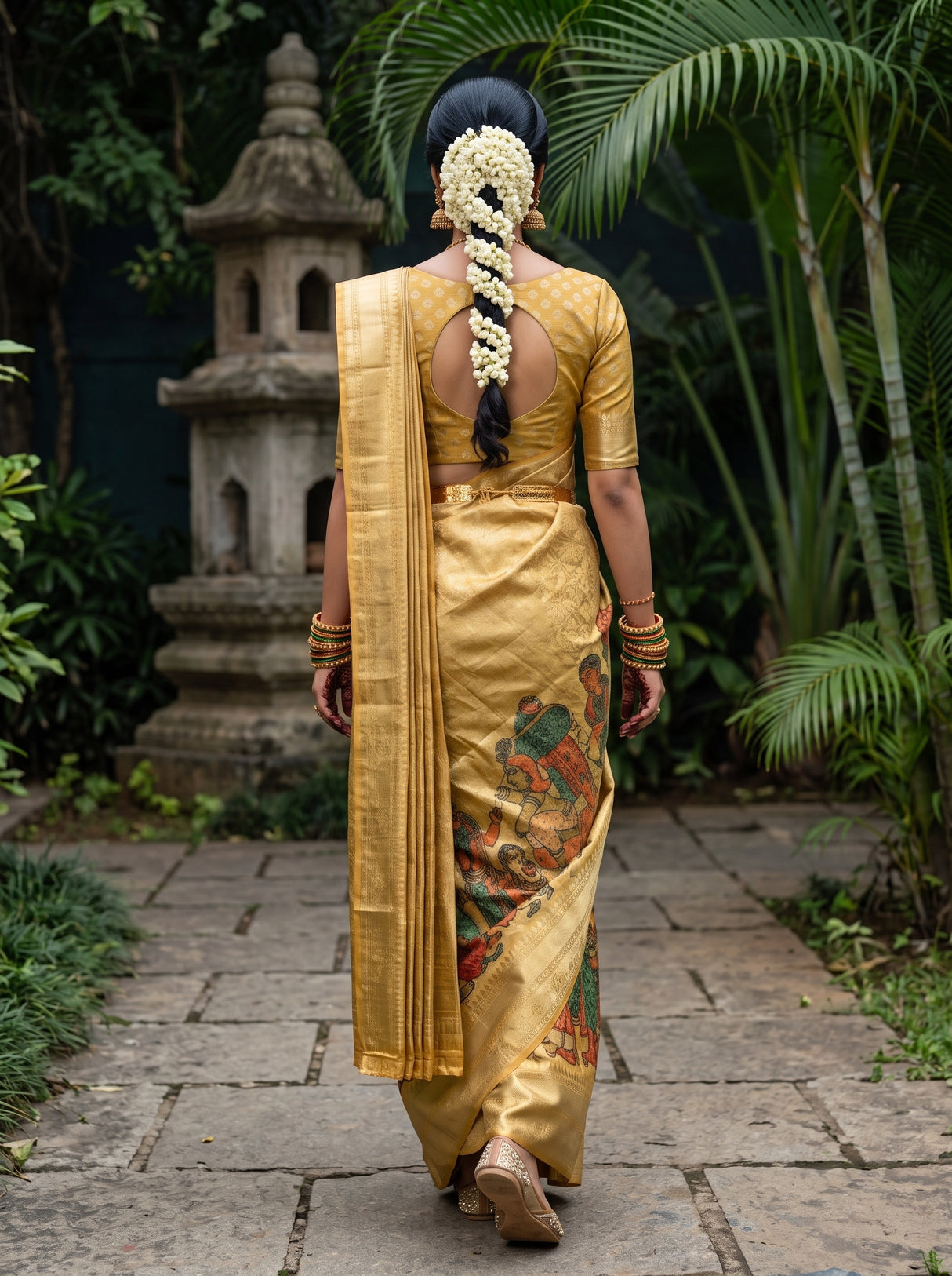 MIMOSA Gold Kalamkari Art Silk Saree — model lifestyle pose