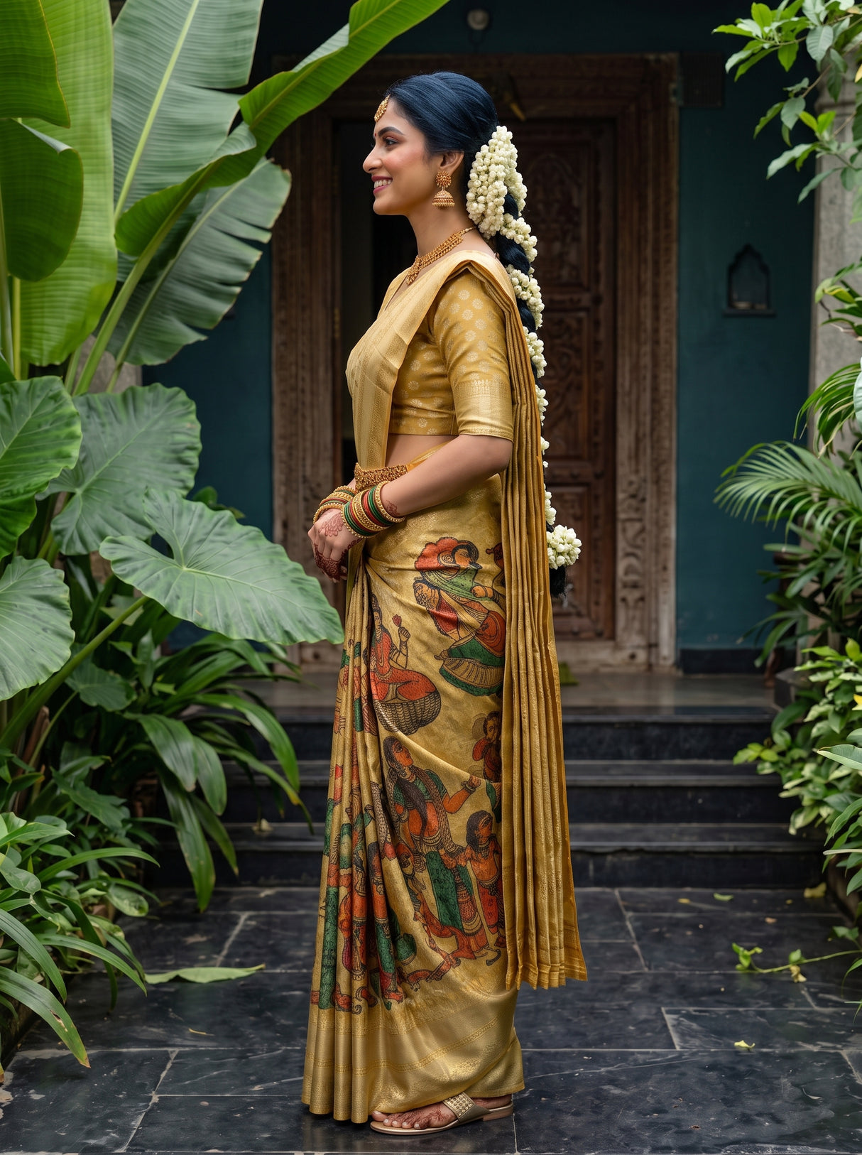 MIMOSA Gold Kalamkari Saree — pose 3 styling detail