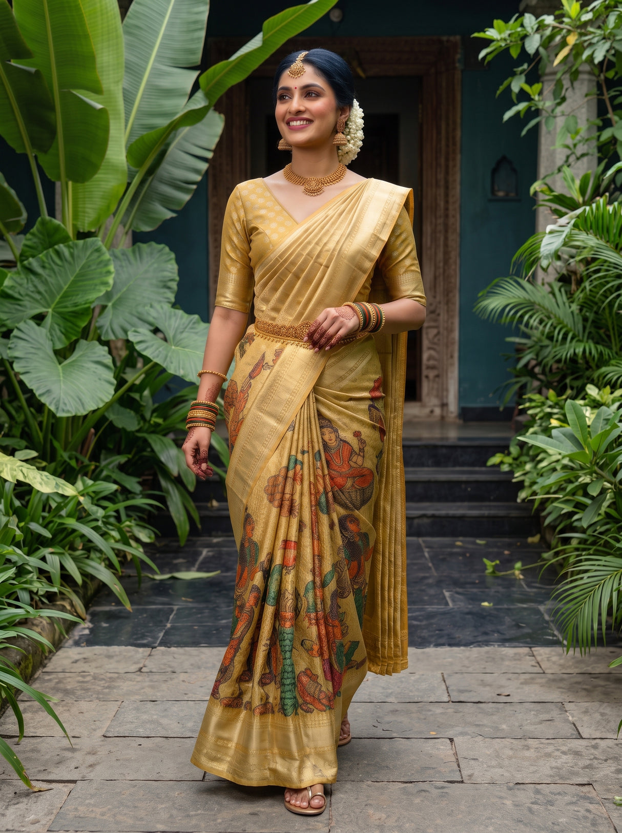 MIMOSA Gold Kalamkari Saree — pose 6 styling detail