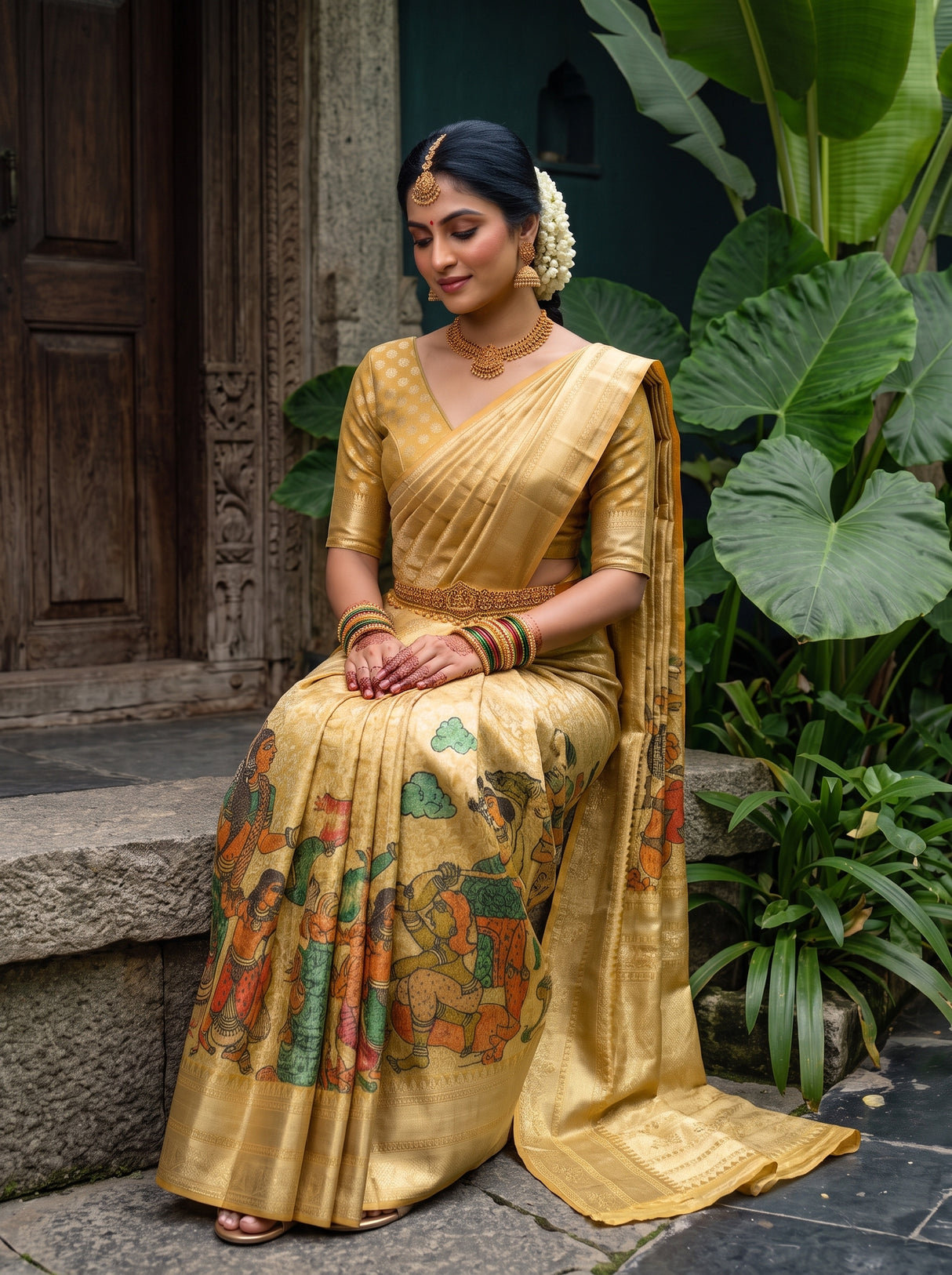 MIMOSA Gold Kalamkari Saree — pose 8 styling detail