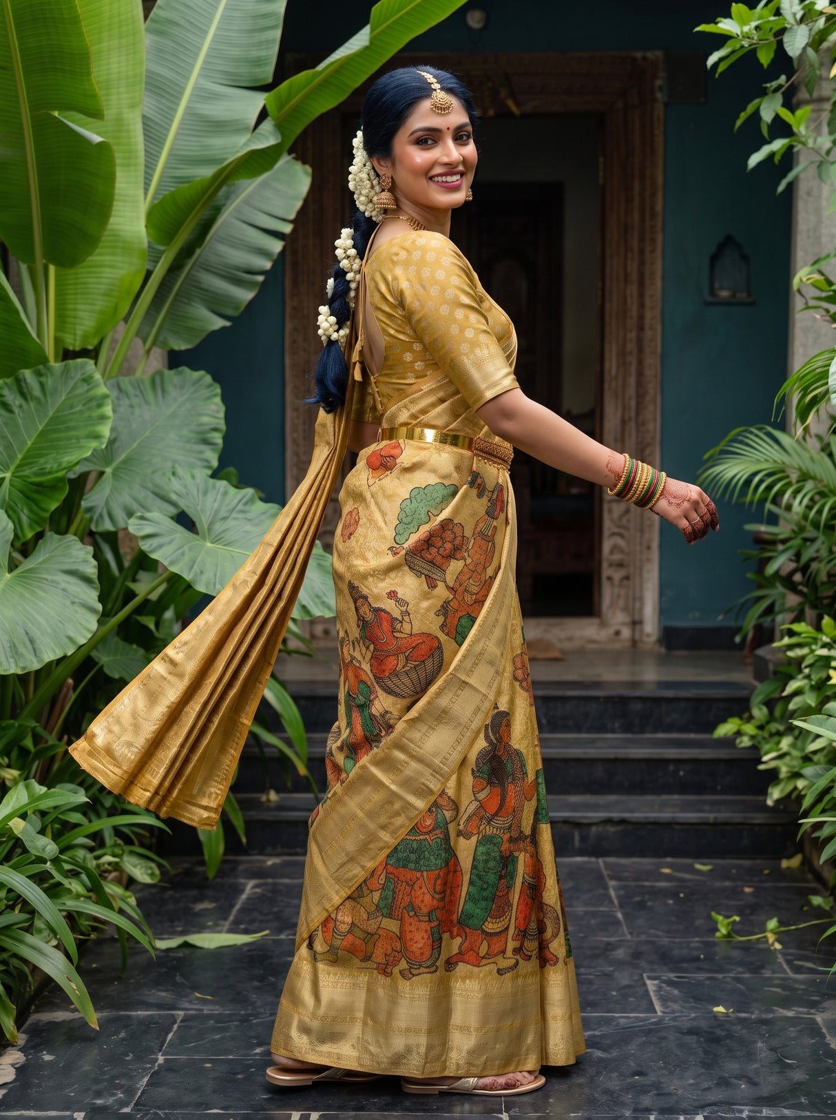 MIMOSA Gold Kalamkari Saree — pose 9 styling detail