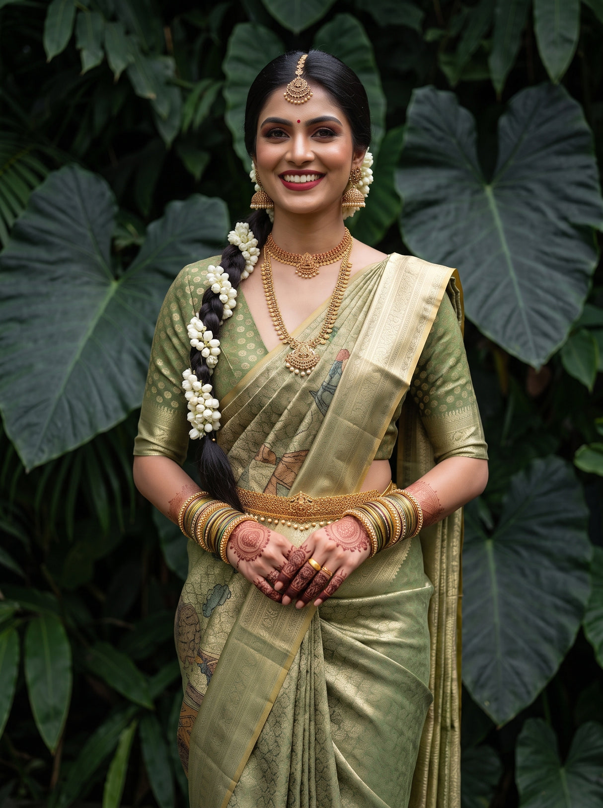 MIMOSA Green Kalamkari Saree — pose 10 styling detail