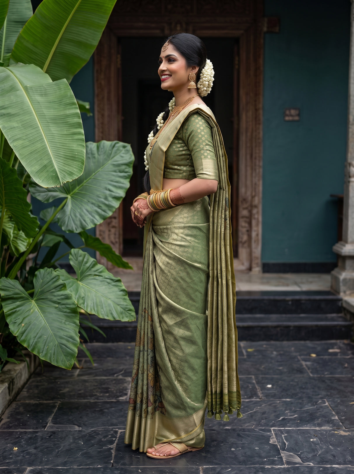 MIMOSA Green Kalamkari Saree — pose 3 styling detail