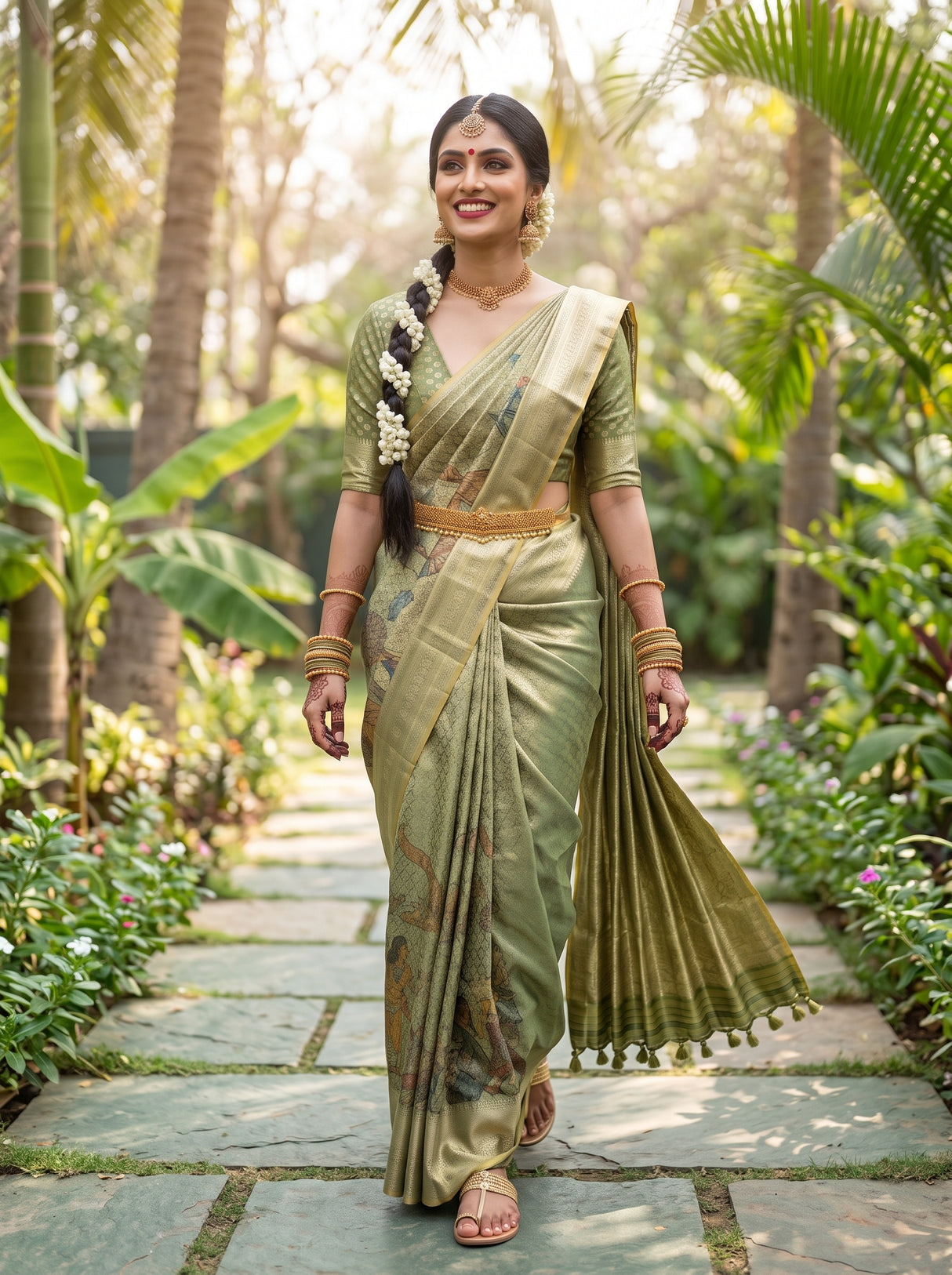MIMOSA Green Kalamkari Saree — pose 6 styling detail