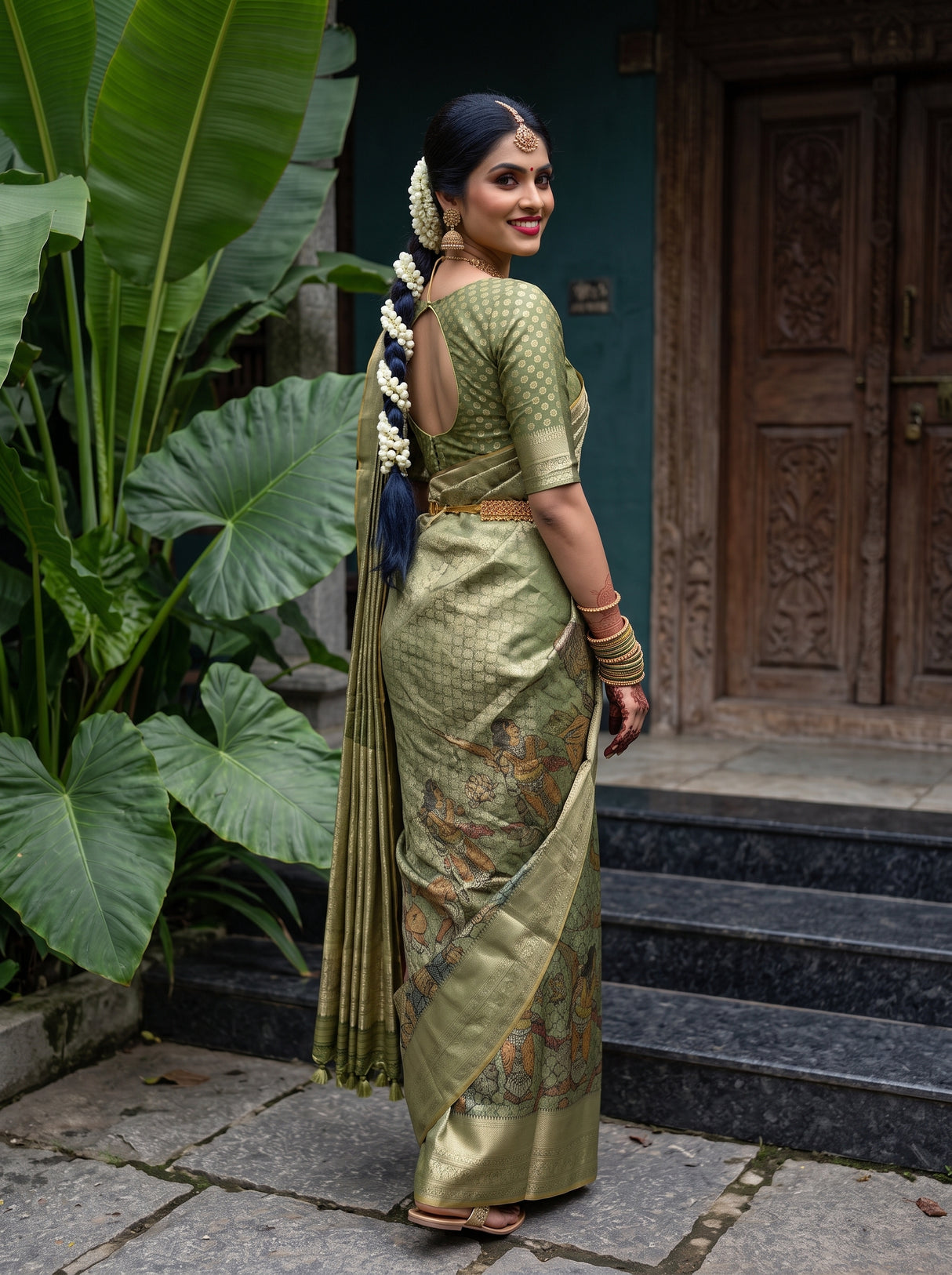 MIMOSA Green Kalamkari Saree — pose 7 styling detail