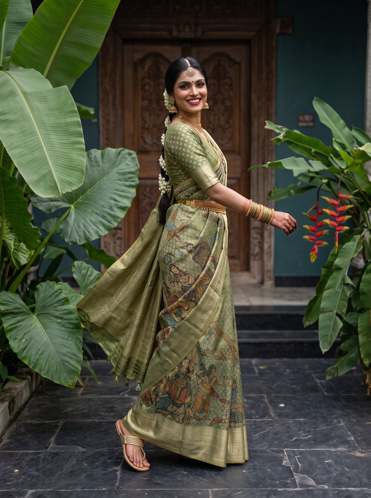MIMOSA Green Kalamkari Saree — pose 9 styling detail