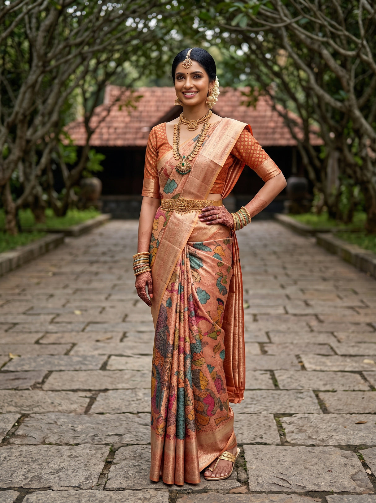MIMOSA Orange Kalamkari Saree — pose 4 styling detail