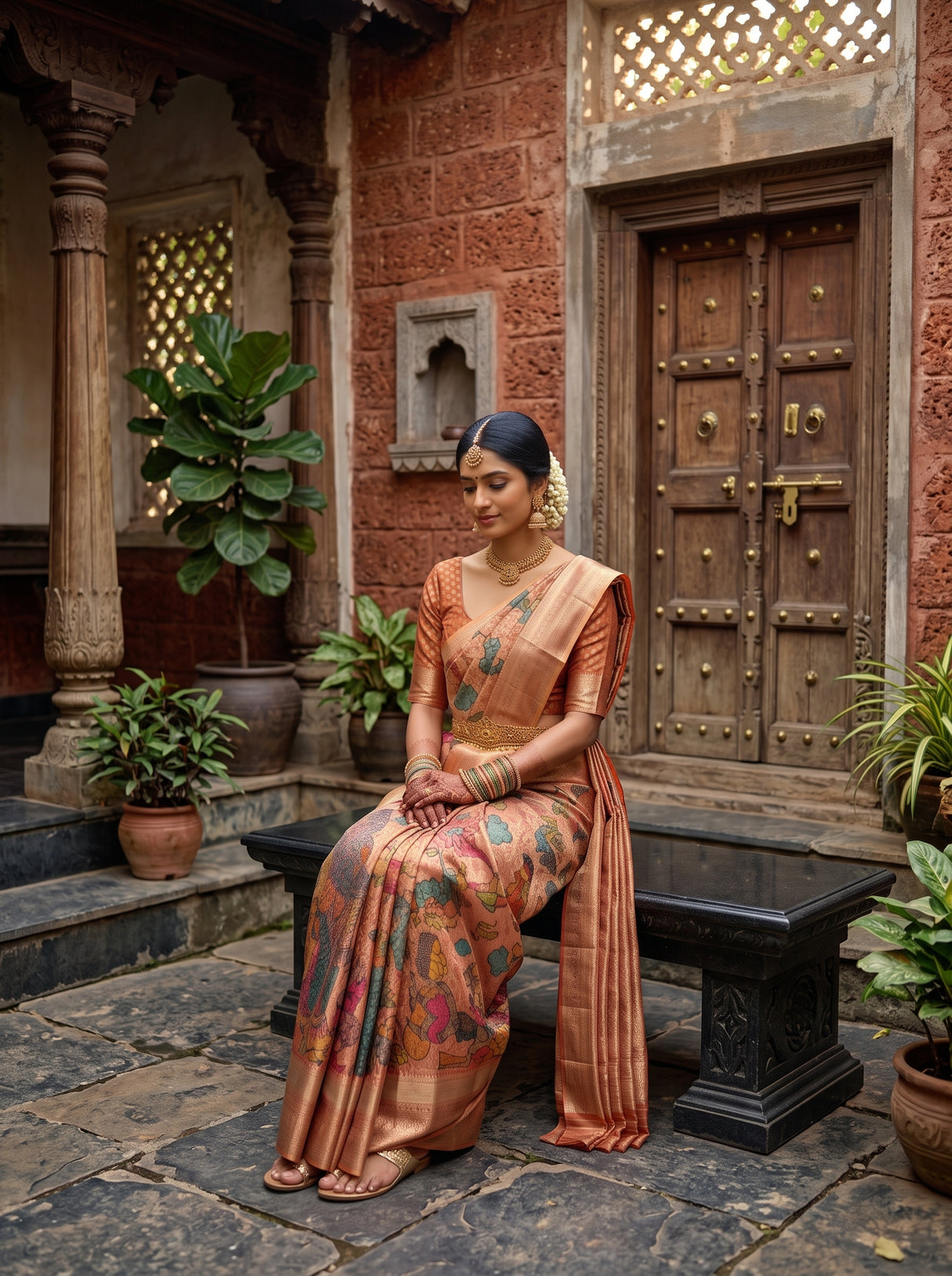 MIMOSA Orange Kalamkari Saree — pose 8 styling detail