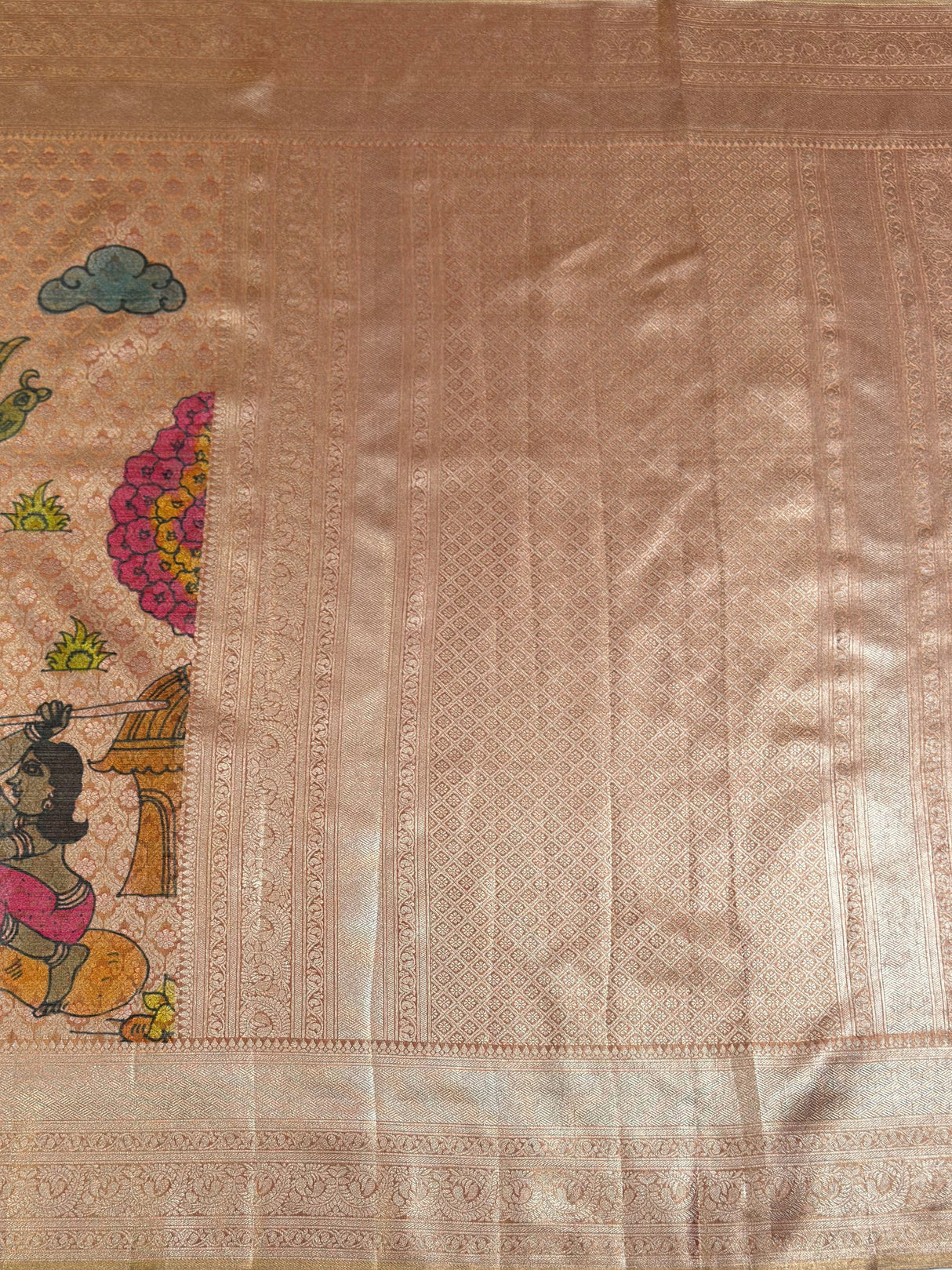 MIMOSA Orange Kalamkari Saree — pallu and zari work detail
