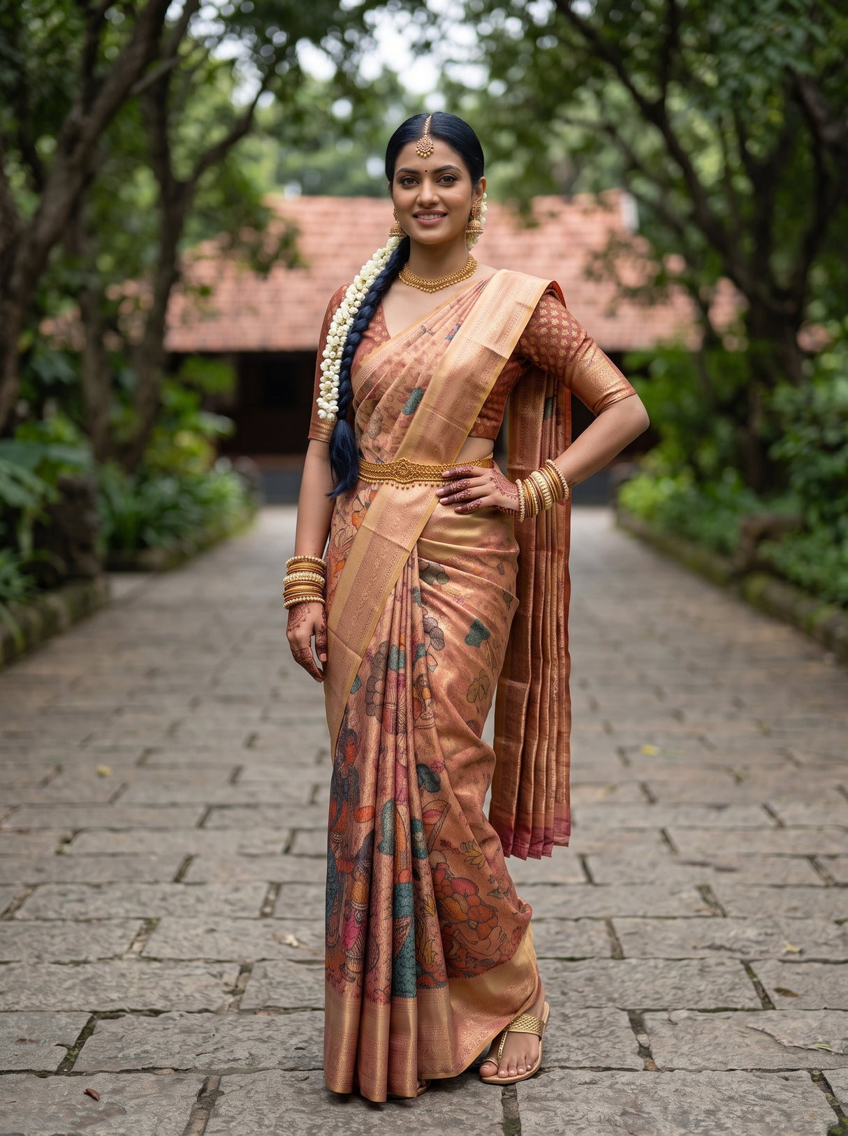 MIMOSA Rani Kalamkari Saree — pose 4 styling detail