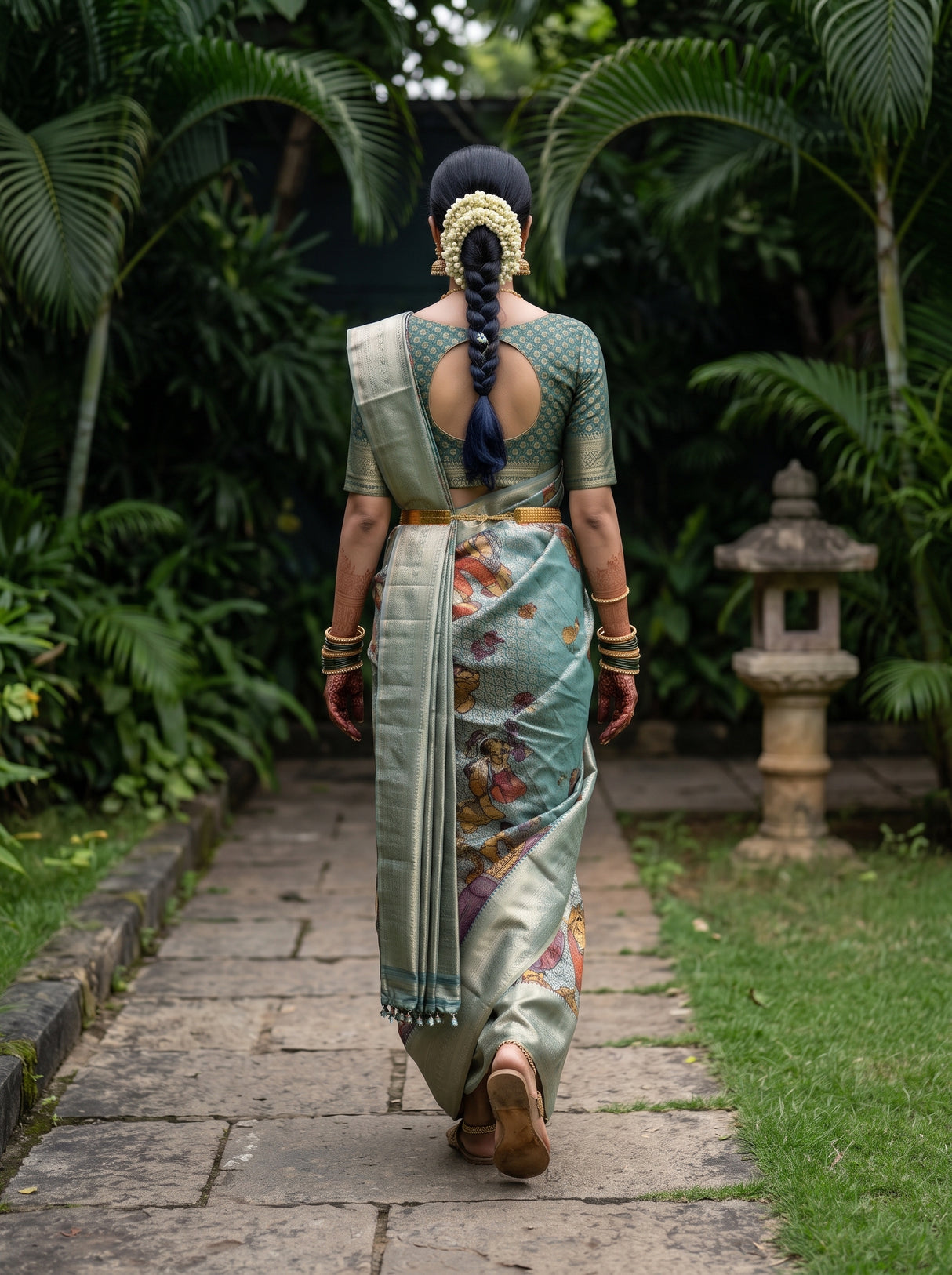 MIMOSA Sapphire Kalamkari Art Silk Saree — model lifestyle pose