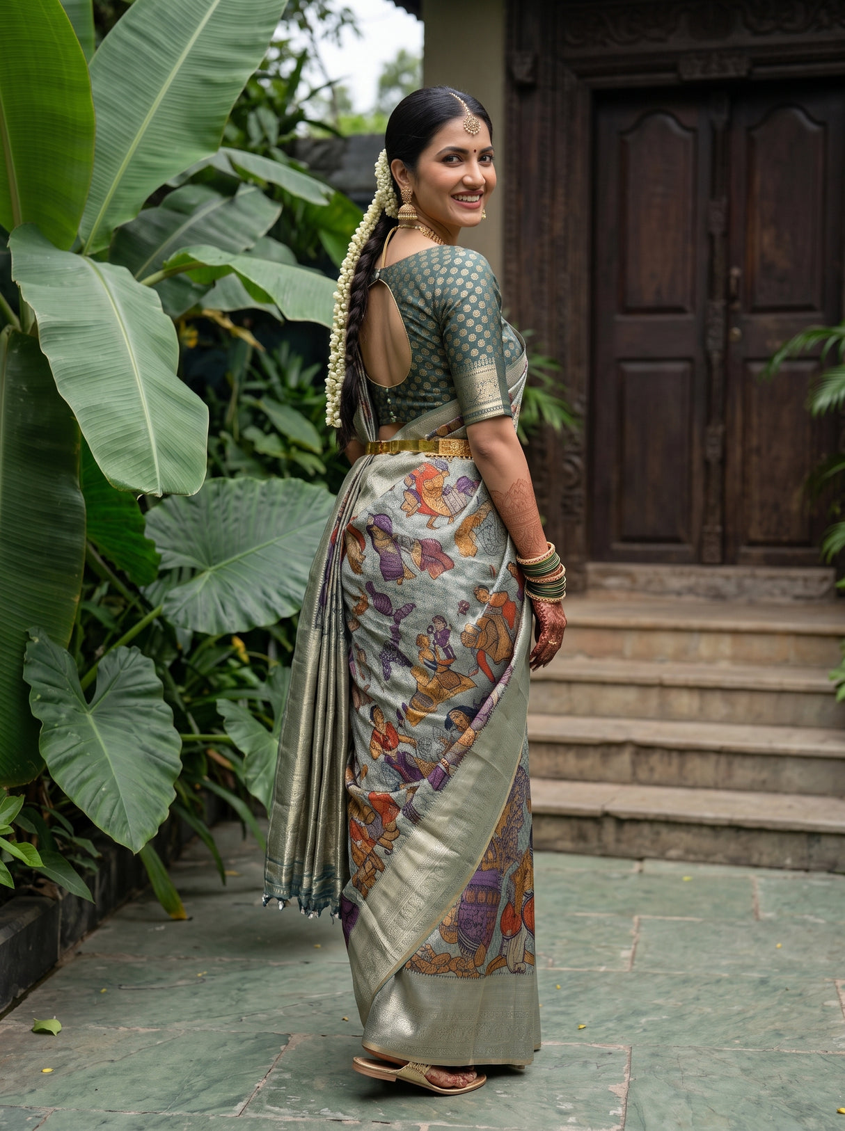 MIMOSA Sapphire Kalamkari Saree — pose 7 styling detail