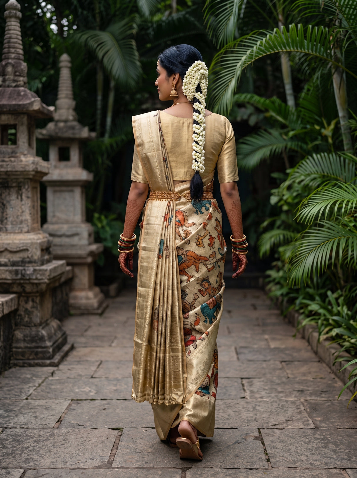 MIMOSA Tussar Kalamkari Art Silk Saree — model lifestyle pose