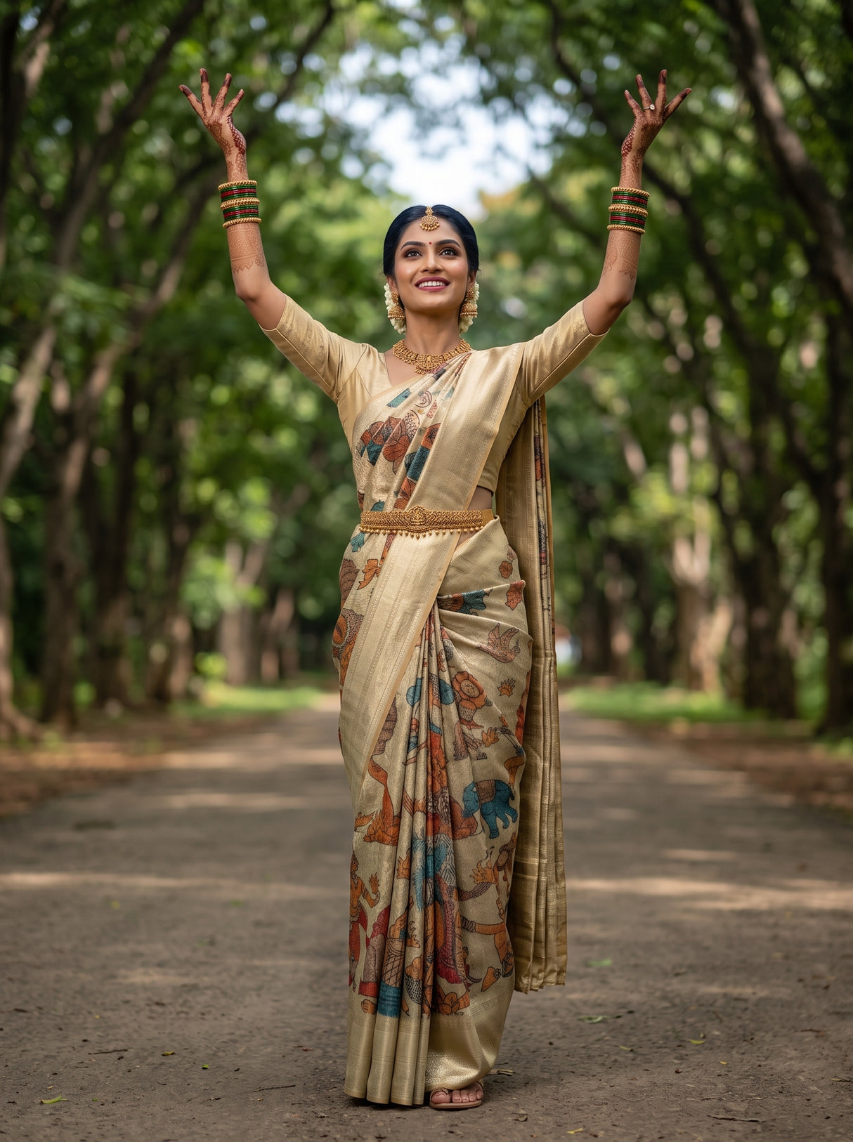 MIMOSA Tussar Kalamkari Saree — pose 5 styling detail