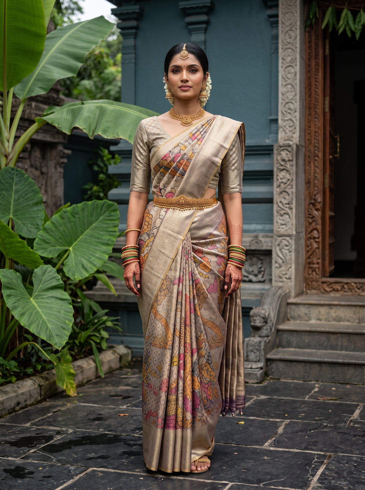 MIMOSA Violet Kalamkari Art Silk Saree — pallu and body shot