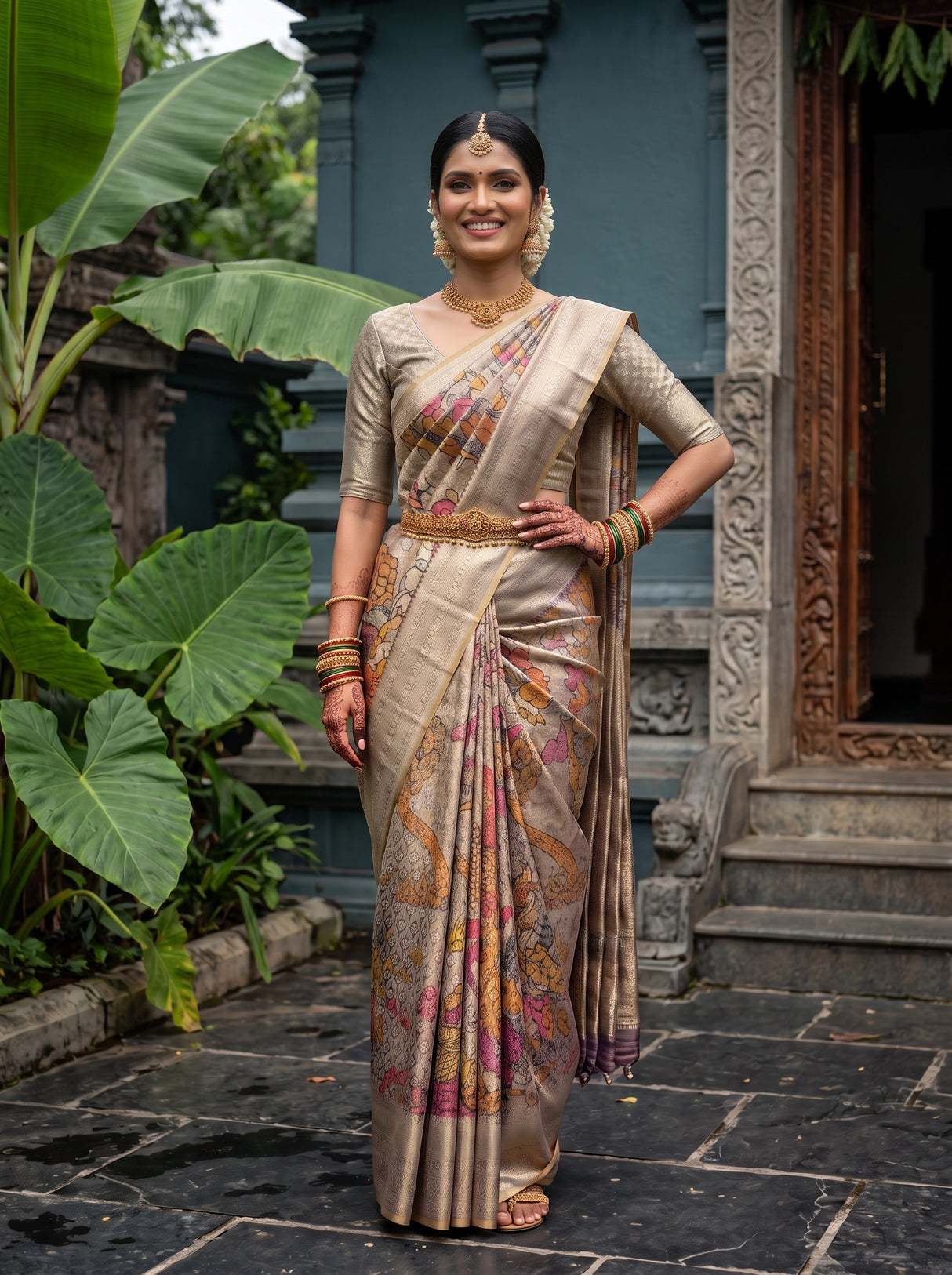 MIMOSA Violet Kalamkari Saree — pose 4 styling detail
