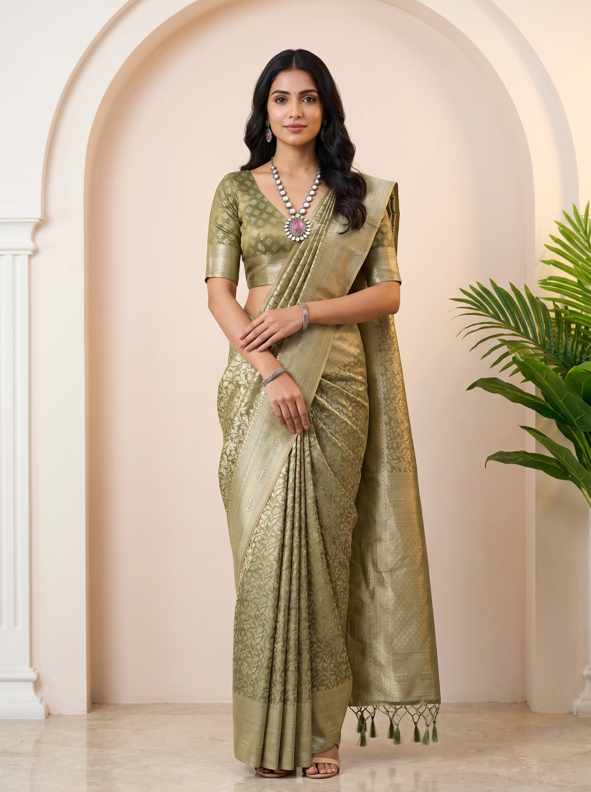 MIMOSA Green Kanjivaram Art Silk Saree — AI Model lifestyle pose 1