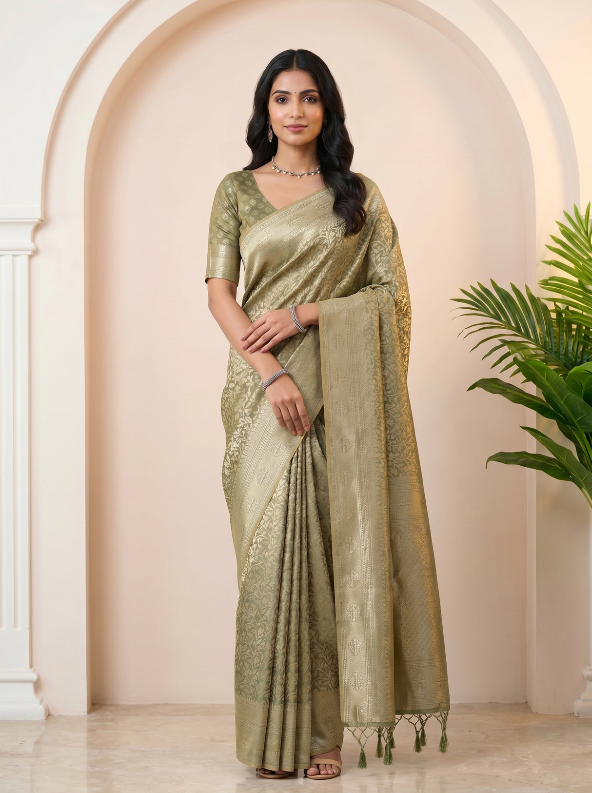 MIMOSA Green Kanjivaram Art Silk Saree — pose 10 styling detail