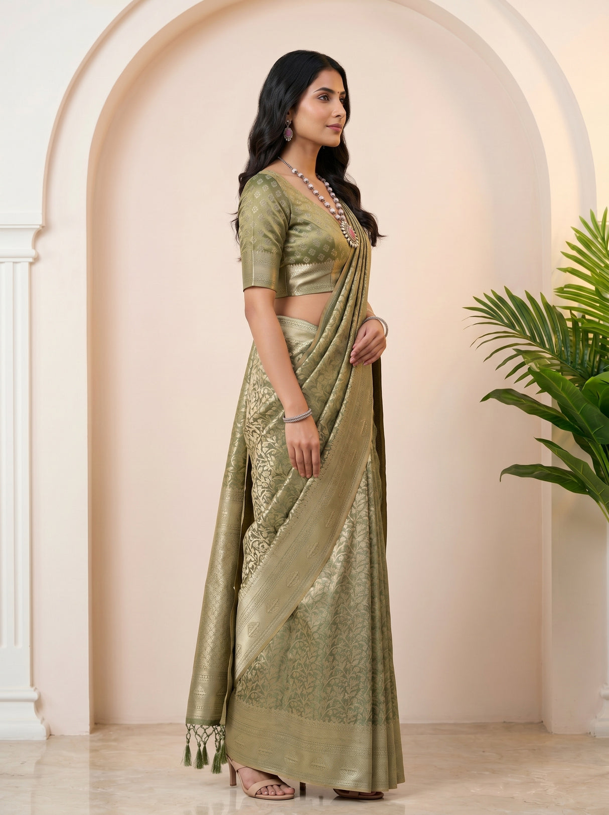 MIMOSA Green Kanjivaram Art Silk Saree — pose 3 styling detail
