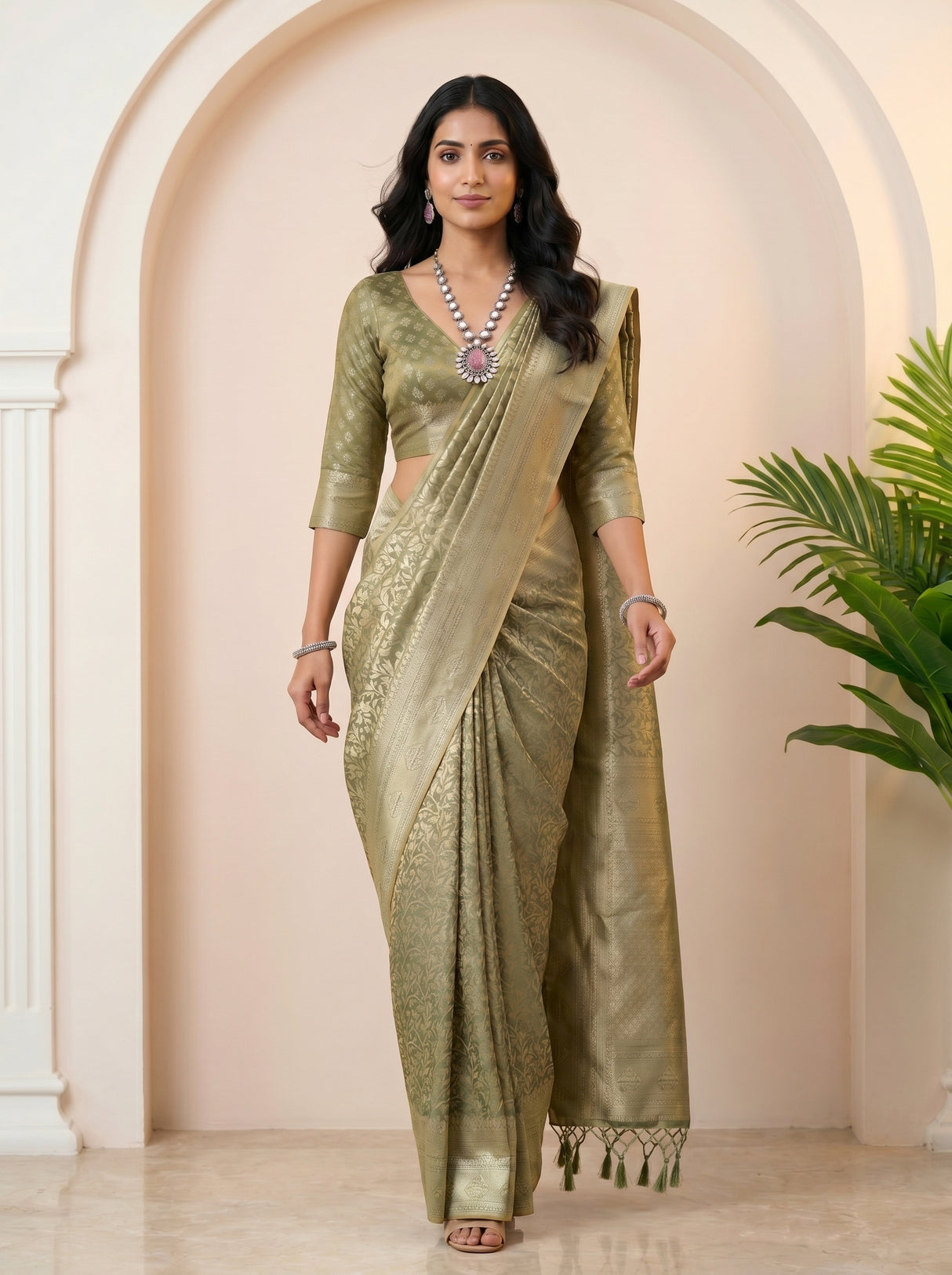 MIMOSA Green Kanjivaram Art Silk Saree — pose 6 styling detail