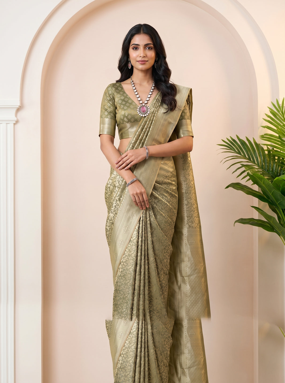 MIMOSA Green Kanjivaram Art Silk Saree — pose 8 styling detail