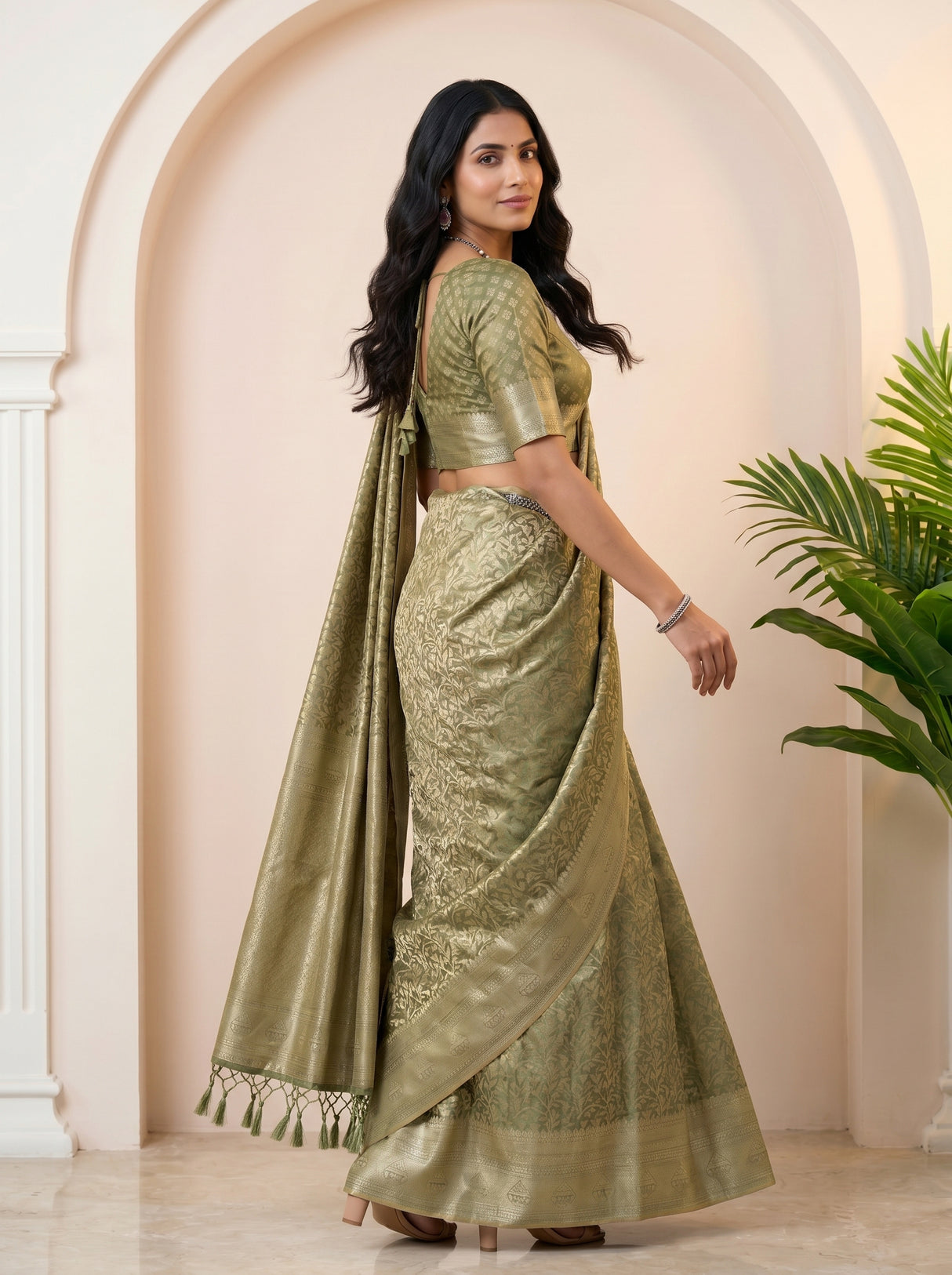 MIMOSA Green Kanjivaram Art Silk Saree — pose 9 styling detail