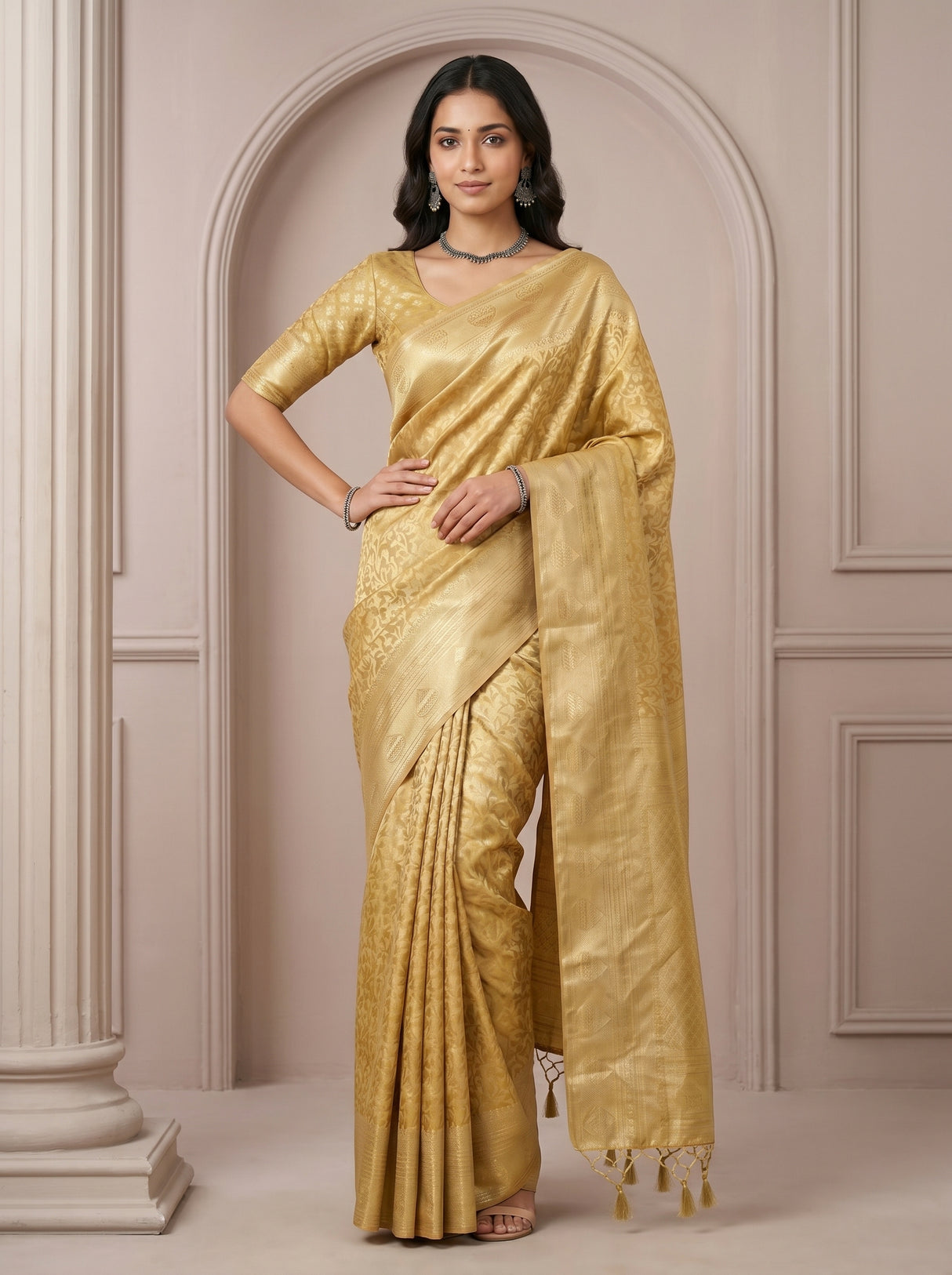 MIMOSA Mustard Kanjivaram Art Silk Saree — pose 4 styling detail