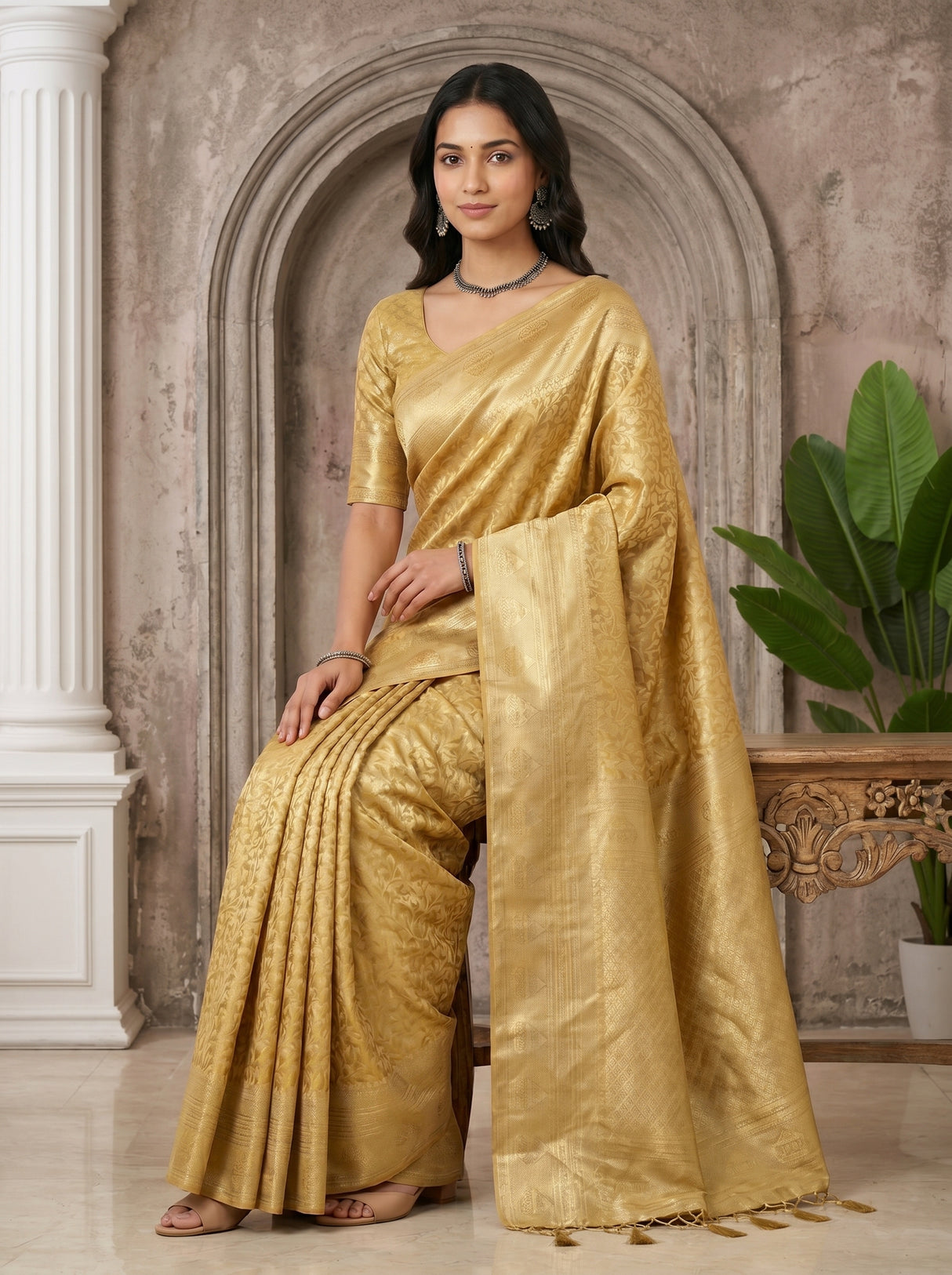 MIMOSA Mustard Kanjivaram Art Silk Saree — pose 8 styling detail
