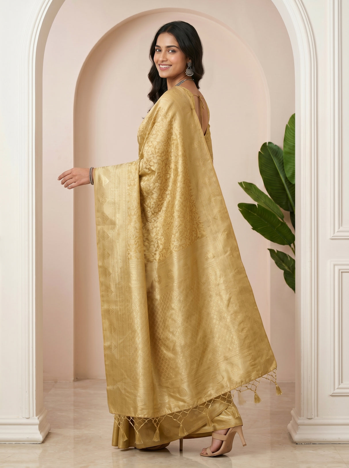 MIMOSA Mustard Kanjivaram Art Silk Saree — pose 9 styling detail