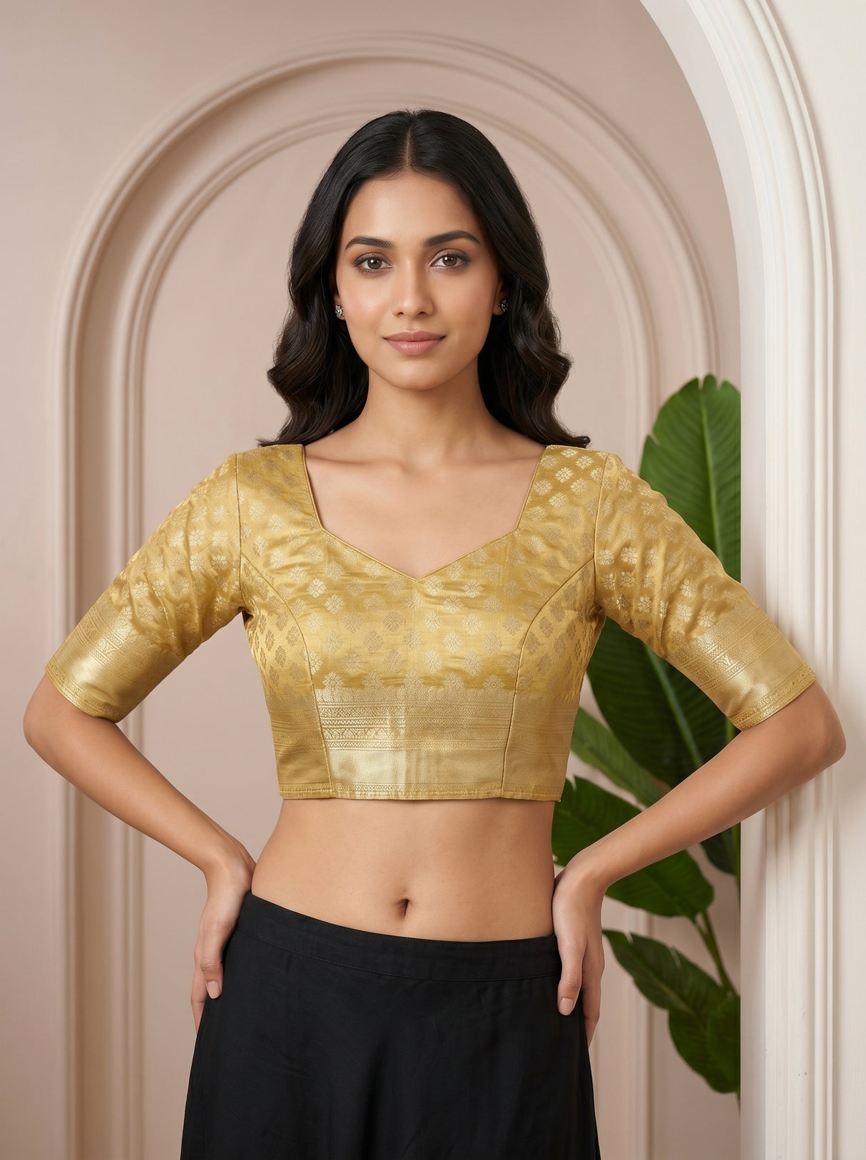 MIMOSA Mustard Kanjivaram Art Silk Saree — blouse close-up