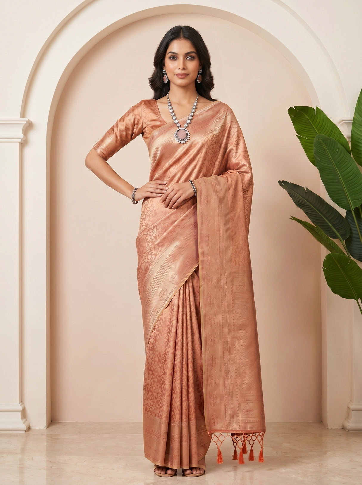 MIMOSA Peach Kanjivaram Art Silk Saree — pose 4 styling detail