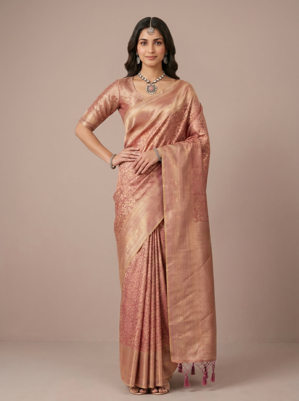 MIMOSA Pink Kanjivaram Art Silk Saree — pose 4 styling detail