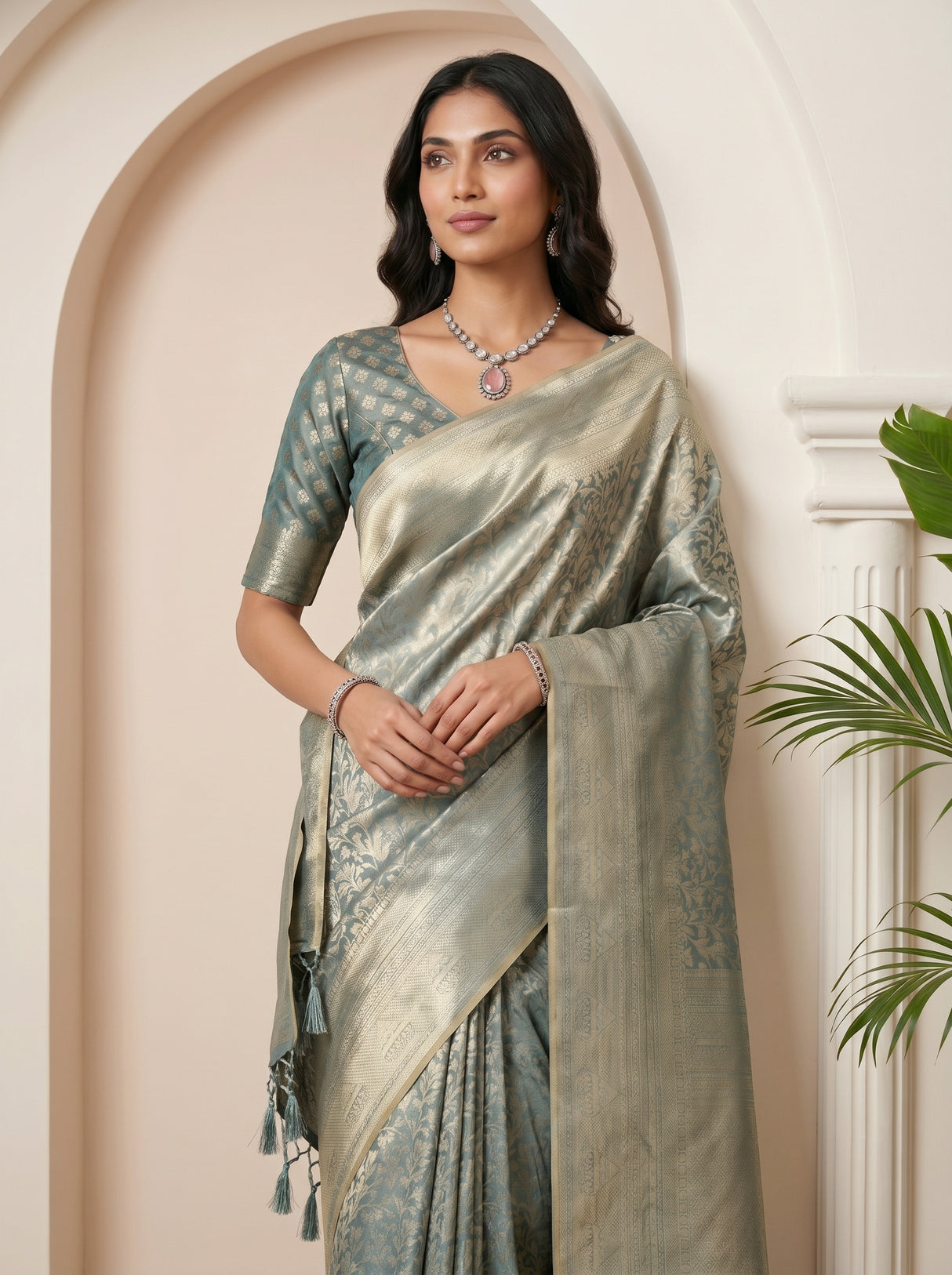 MIMOSA Sapphire Kanjivaram Art Silk Saree — pose 10 styling detail