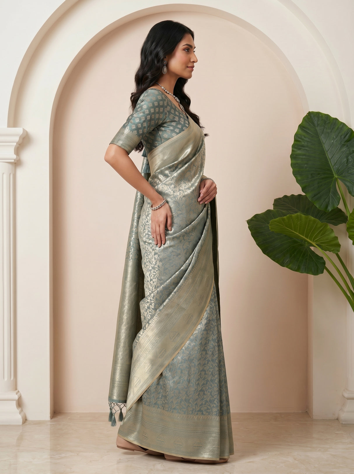 MIMOSA Sapphire Kanjivaram Art Silk Saree — pose 3 styling detail